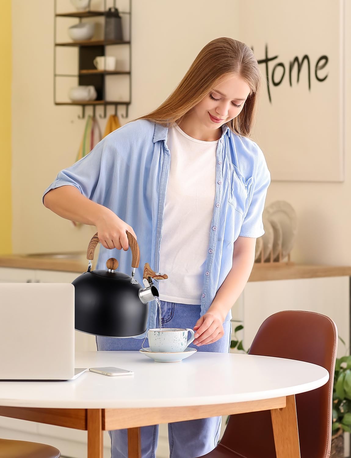 Hervidor de té Whistling para estufa, tetera de acero inoxidable de grado quirúrgico con mango ergonómico que se mantiene fresco, tetera de