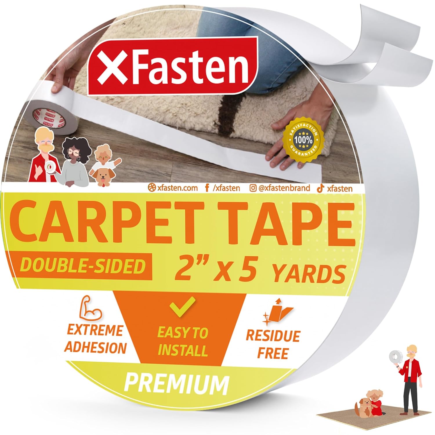 XFasten Cinta de agarre de doble cara  2 pulgadas x 5 yardas, cinta de 3 pulgadas para alfombra, agarre de alfombra a alfombra para suelos de madera