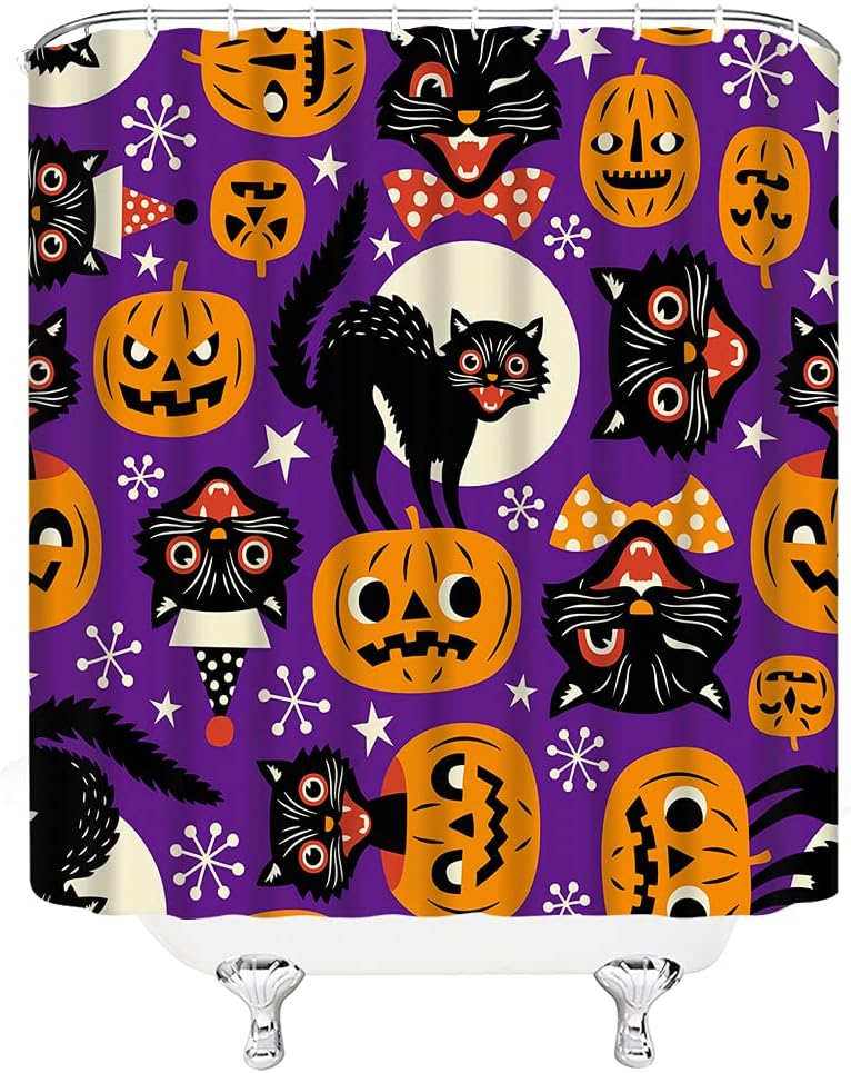 Cortina de ducha de Halloween, espeluznante gato negro, terror, calabaza naranja, bruja aterradora, gatos de luna llena, divertida cortina de baño