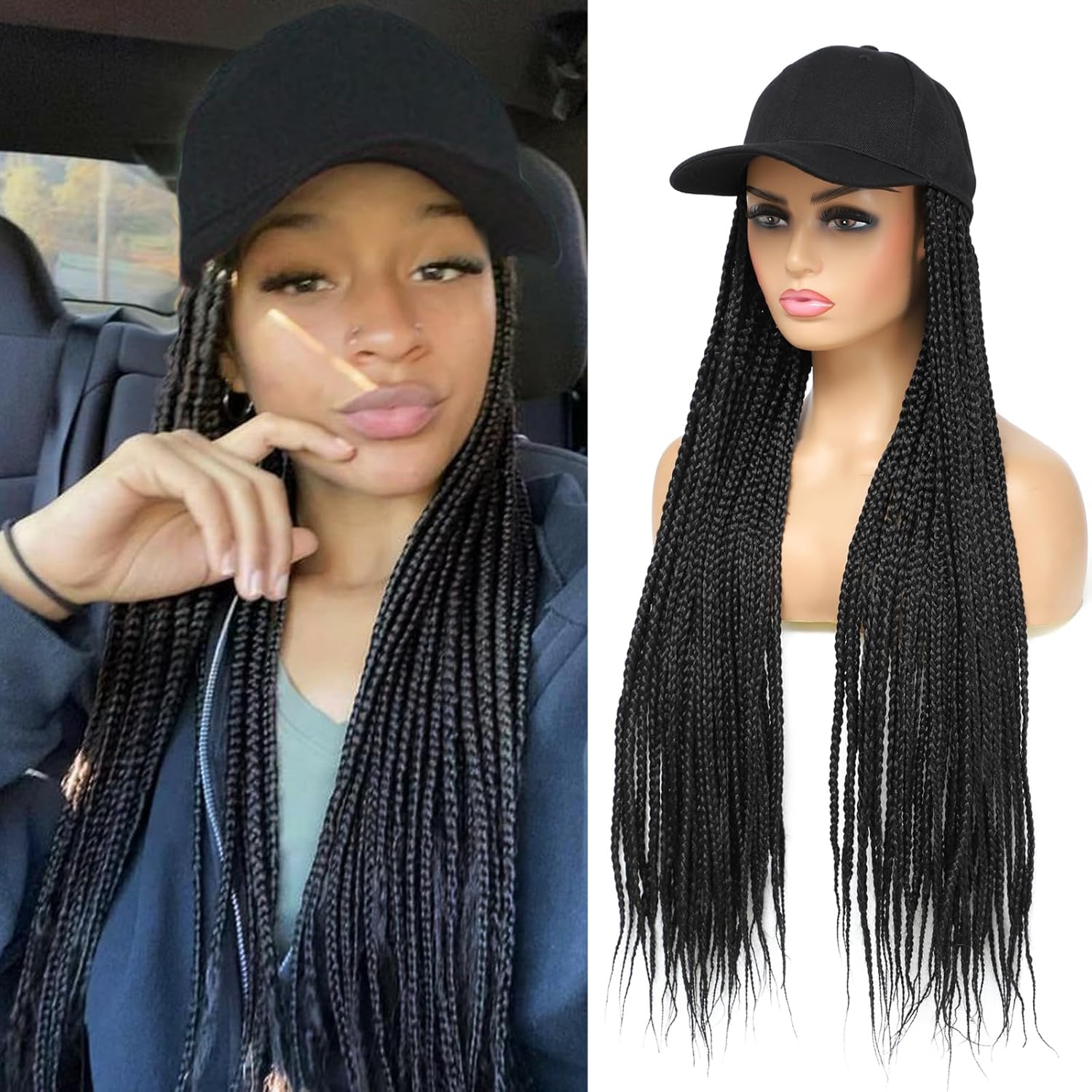 Gorra de béisbol con peluca larga trenzada de color negro, con cabello sintético trenzado para mujeres y niñas (B-negro)