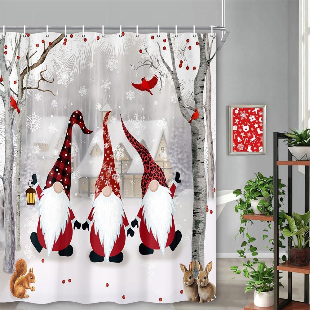 Dongbei Cortina de ducha de Navidad, cortina de baño gris para vacaciones de invierno, árbol de nacimiento de bosque nevado con lindo gnomo