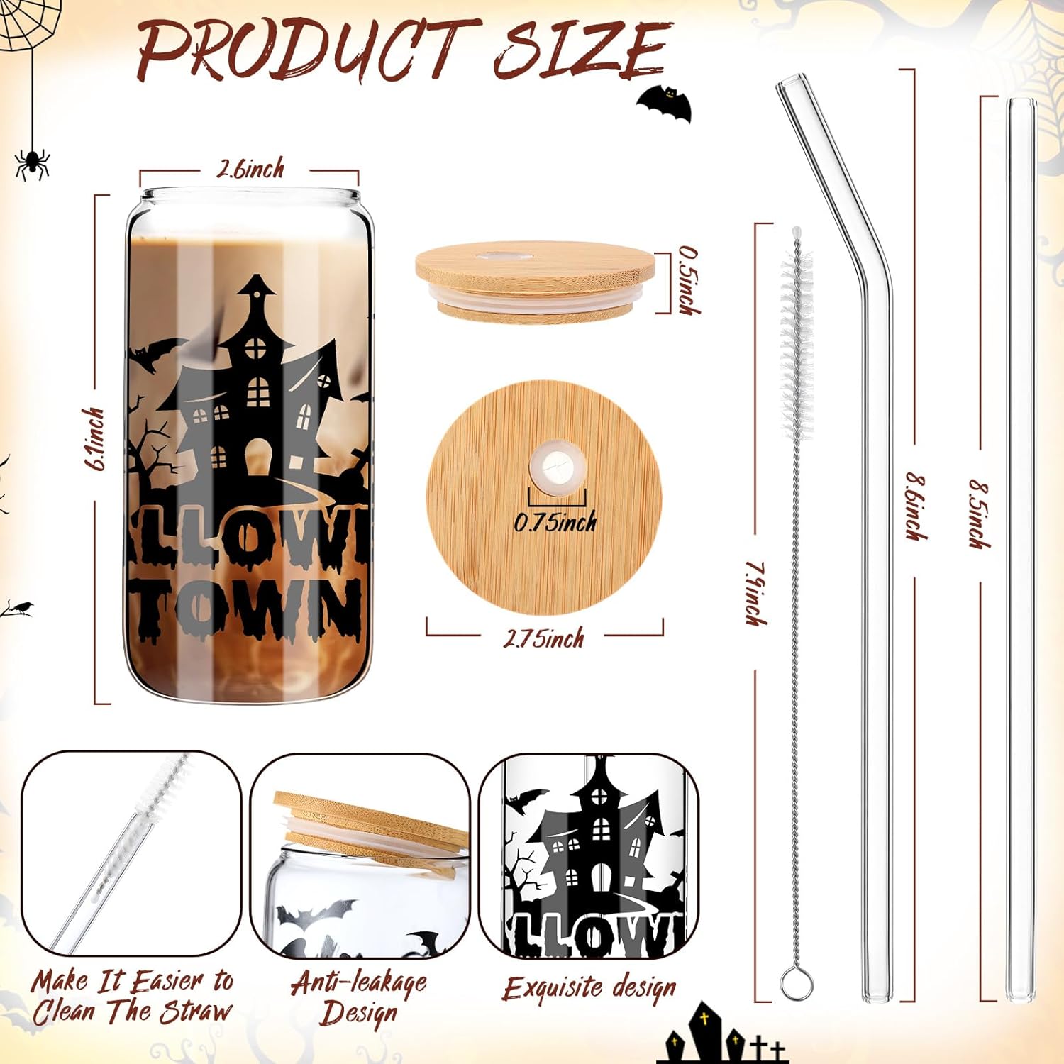 6 tazas de Halloween de 16 onzas, tarro de Halloween con tapa, popote para café, helado, cerveza, cristalería, galletas, regalo, botellas de agua