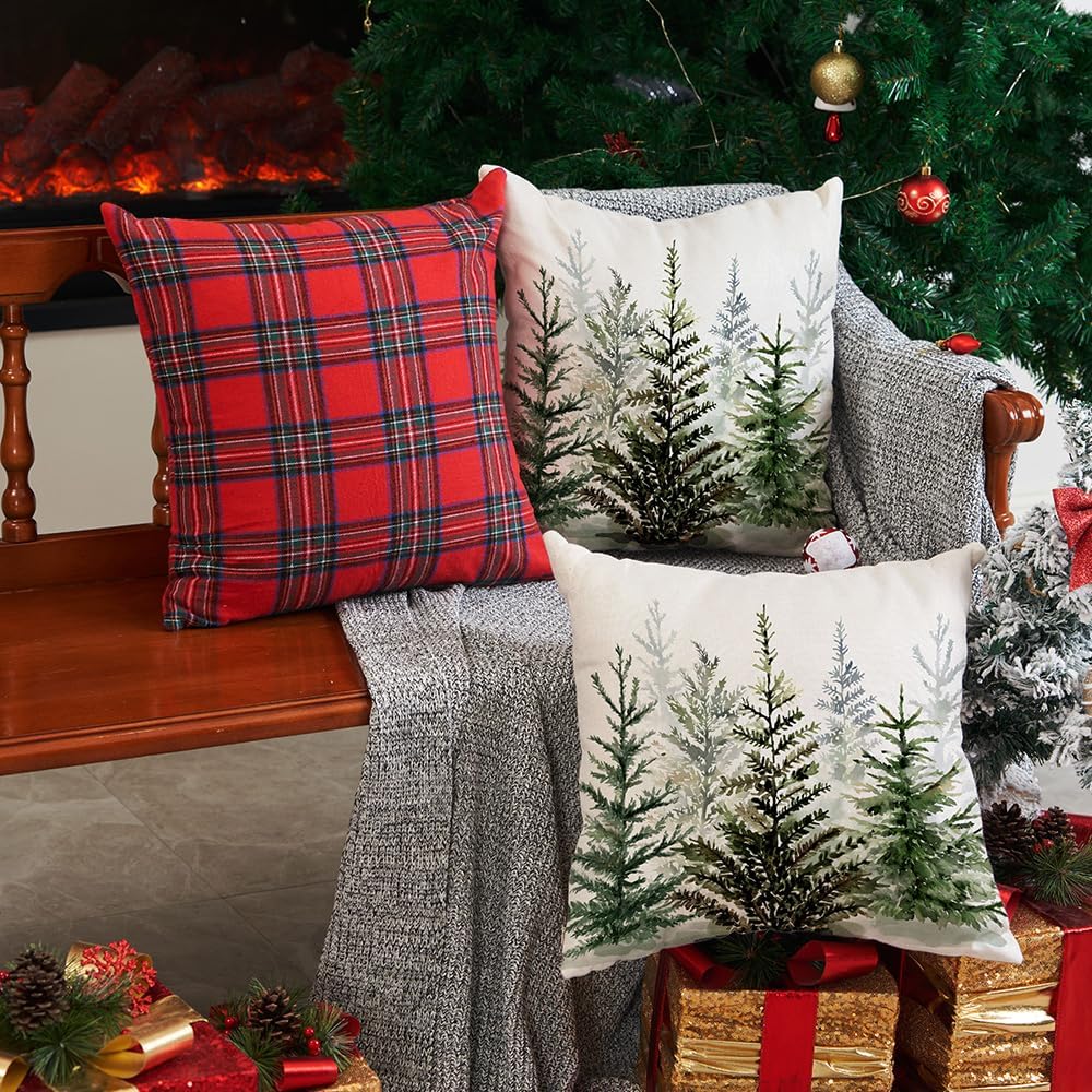 DFXSZ Juego de 2 fundas de almohada de Navidad de 18 x 18 pulgadas, diseño de acuarela azul y verde, árbol de Navidad, estilo rústico, estampado de