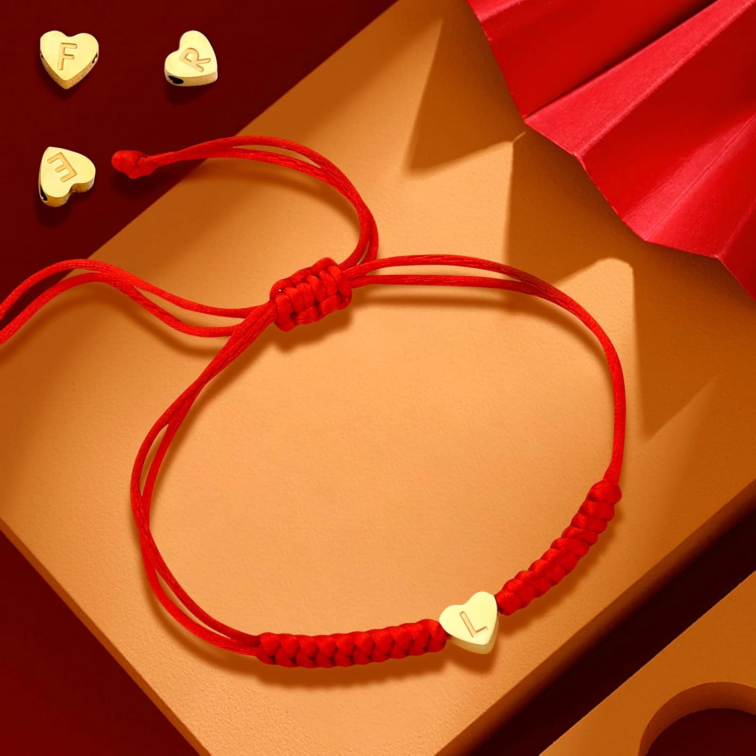 Dainty Gold Heart Love Charm Initial Bracelet Black Pink Red String Rope Letter Bracelet for Girls Boys Women Men Christmas Gift (Red, J)