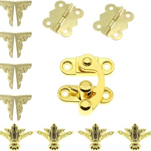 LBTODH 1 juego de cierres de cerrojo de aleación de zinc antiguo y bisagras grabadas con mariposa retro y protectores de esquina, kit decorativo y LBTODH 1 juego de cierres de cerrojo de aleación de zinc antiguo y bisagras grabadas con mariposa retro y protectores de esquina, kit decorativo y