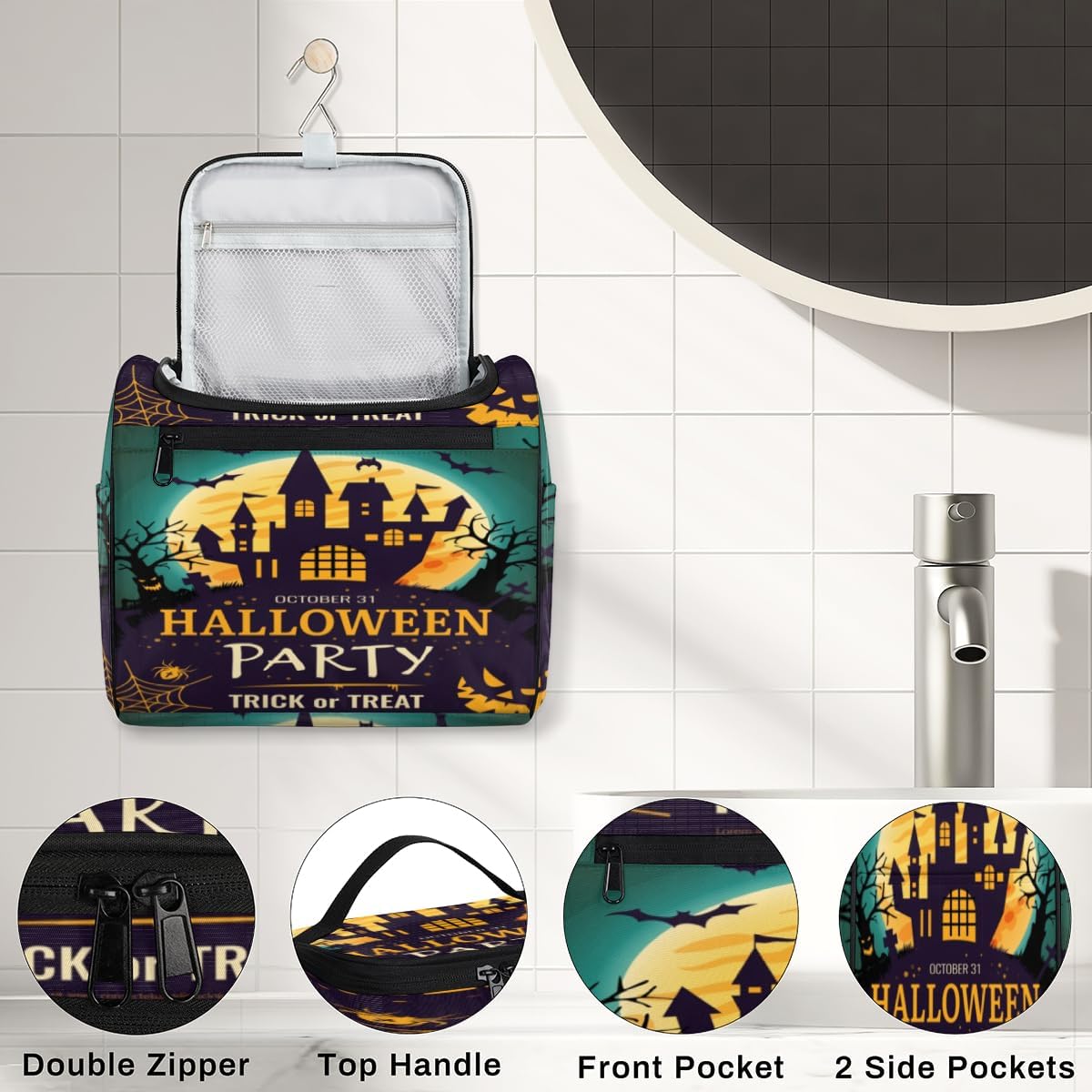 The Halloween Art Style Toiletry Bag for Women Travel Makeup Organizer with Hanging Hook Traveling Cosmetic Bags for Toiletries Accessories