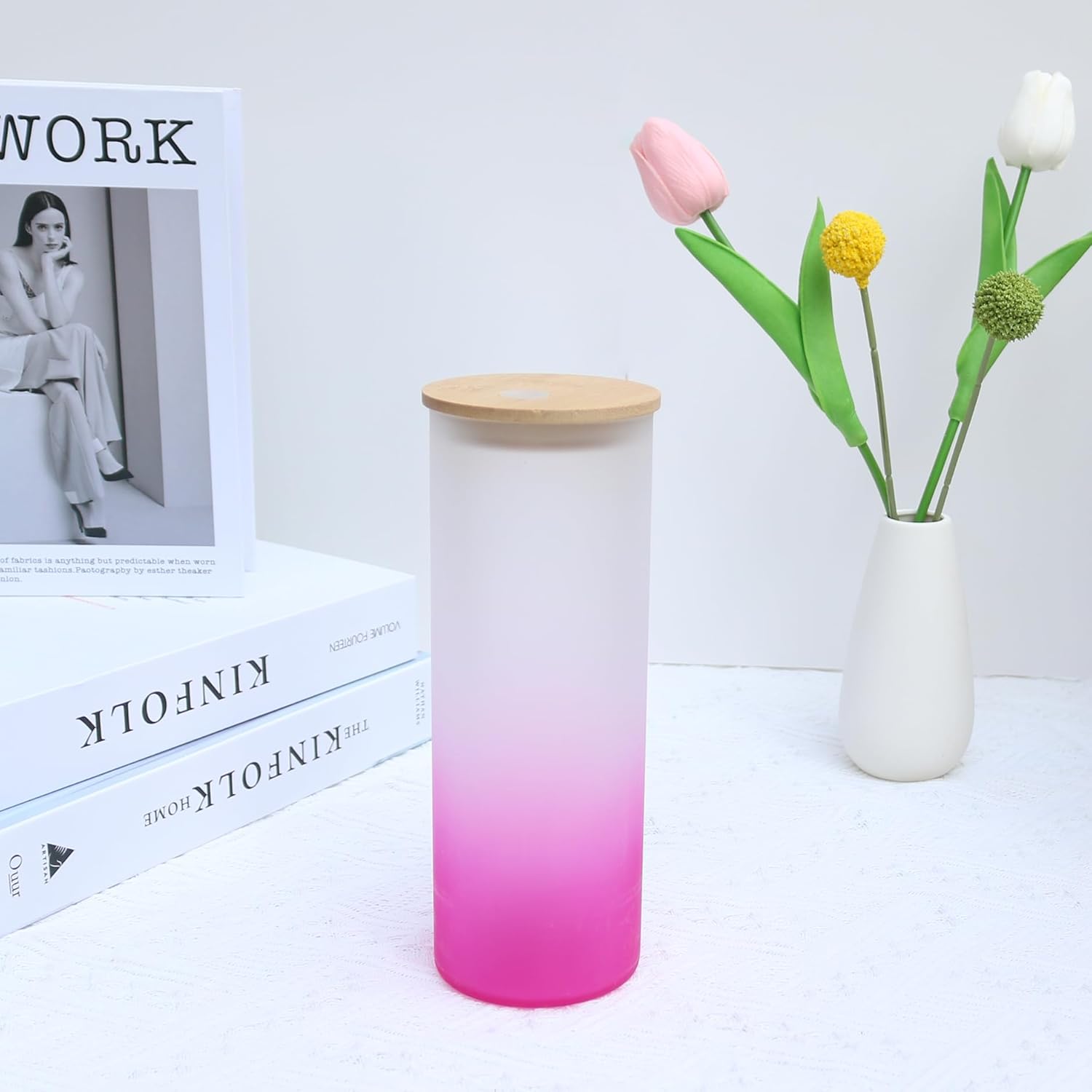 Paquete de 25 vasos de vidrio esmerilado con tapas y pajitas, vasos de vidrio sublimación de color degradado de 25 onzas, vasos de sublimación de
