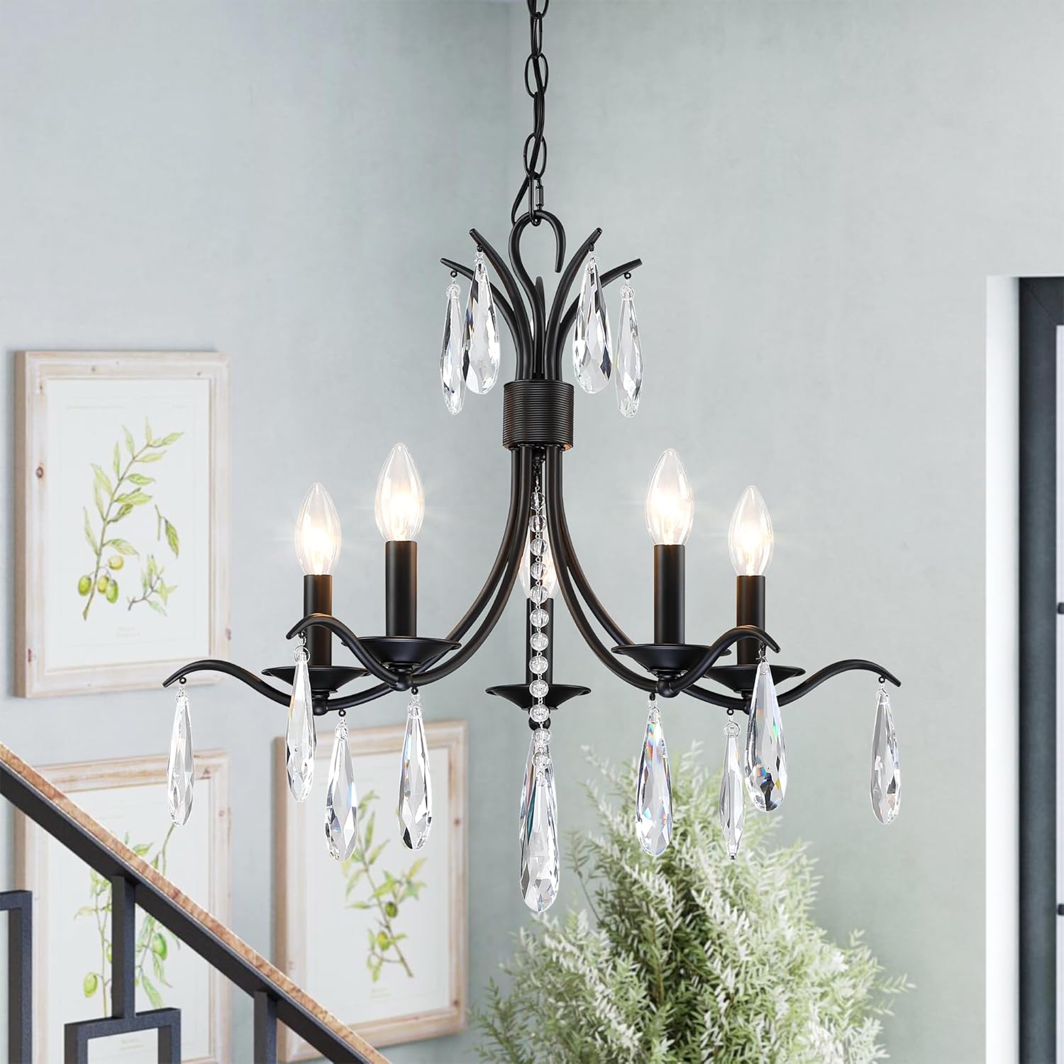 Candelabros de cristal de color negro, lámpara de cristal moderna de 5 luces para sala de estar, accesorio de iluminación colgante de techo para