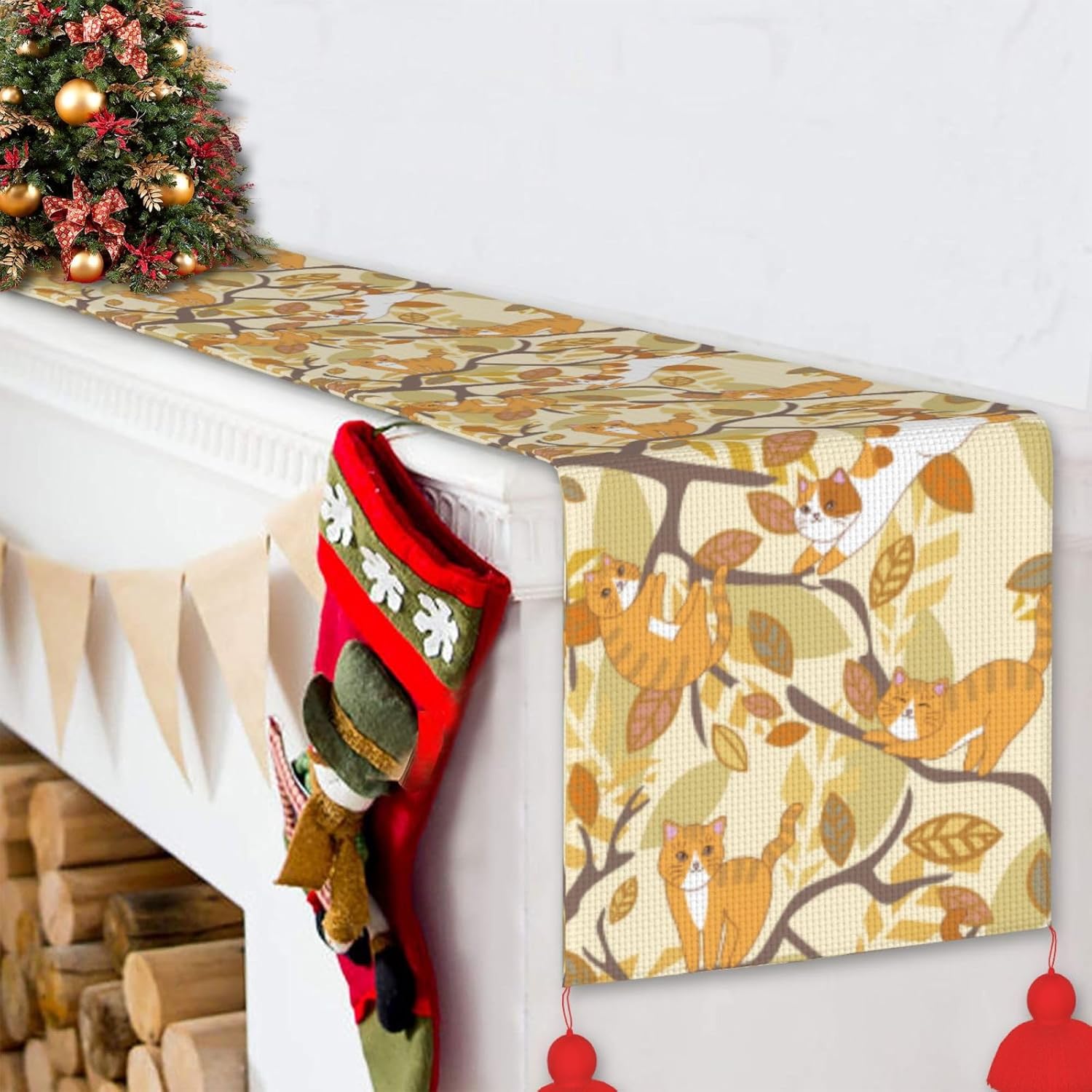 Cat on Tree Christmas Table Runner Dining Table Decor Christmas Decorations Indoor Home Decor Christmas Table Runners Xmas Navidad Decoracion 2023