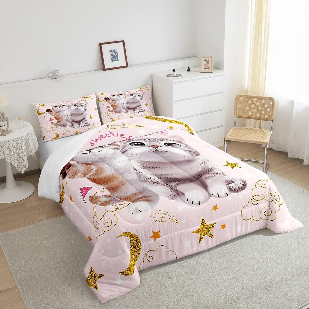 Juego de edredón con diseño de gato y luna brillante, juego de ropa de cama con estampado de gatos, juego de edredón acolchado de gatito rosa para