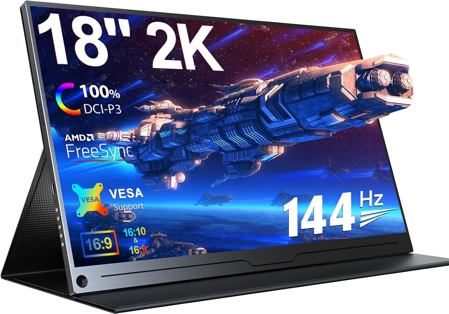 Newsoul Monitor portátil 2K 144Hz 18″, 100% DCI-P3 FreeSync HDR 2560×1600 Monitor portátil para juegos con VESA, HDMI USB C mate IPS cuidado ocular
