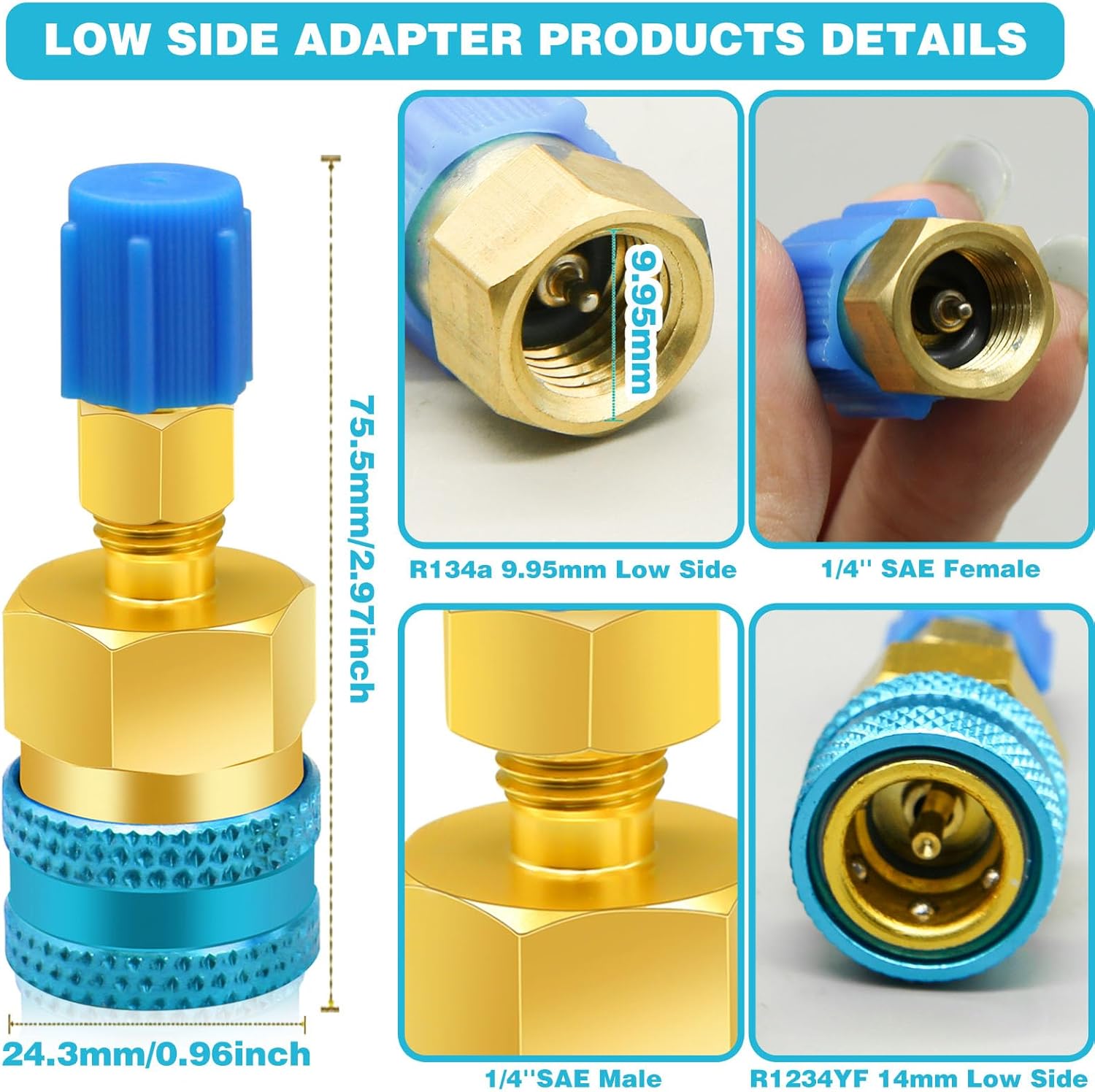 2 adaptadores R1234yf a R134a, kit de acopladores rápidos, kit de recarga de refrigerante R1234yf, adaptadores de lado altobajo R134a a R1234yf para