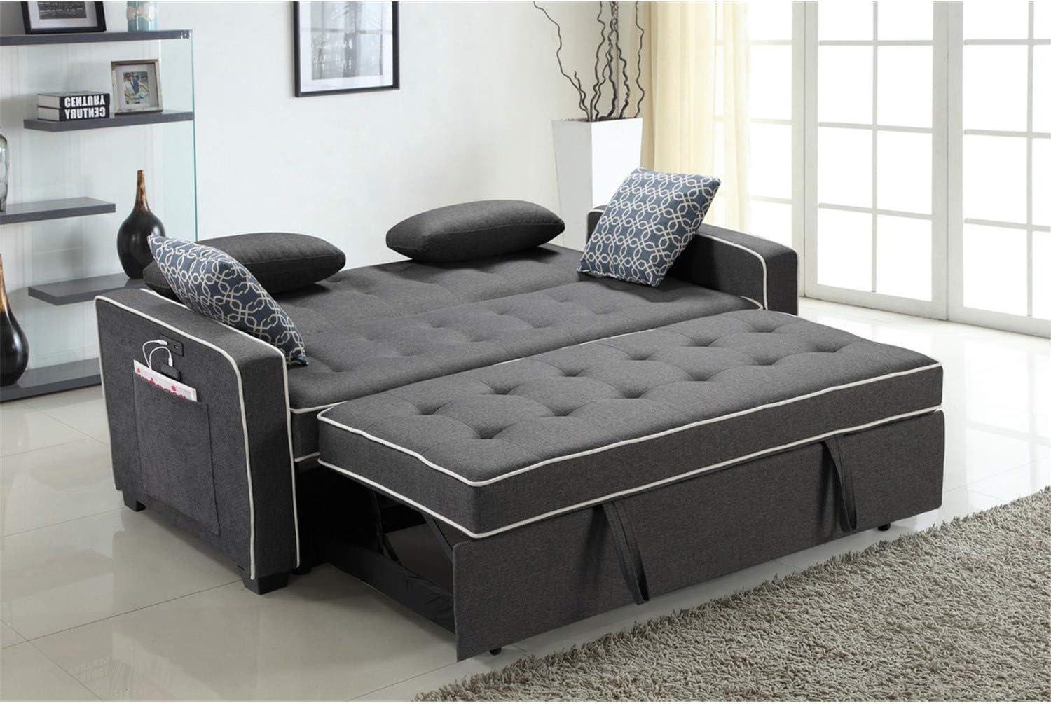 Lilola Home Cody – Sofá cama de tela con 2 puertos de carga USB y 4 almohadas decorativas, color gris