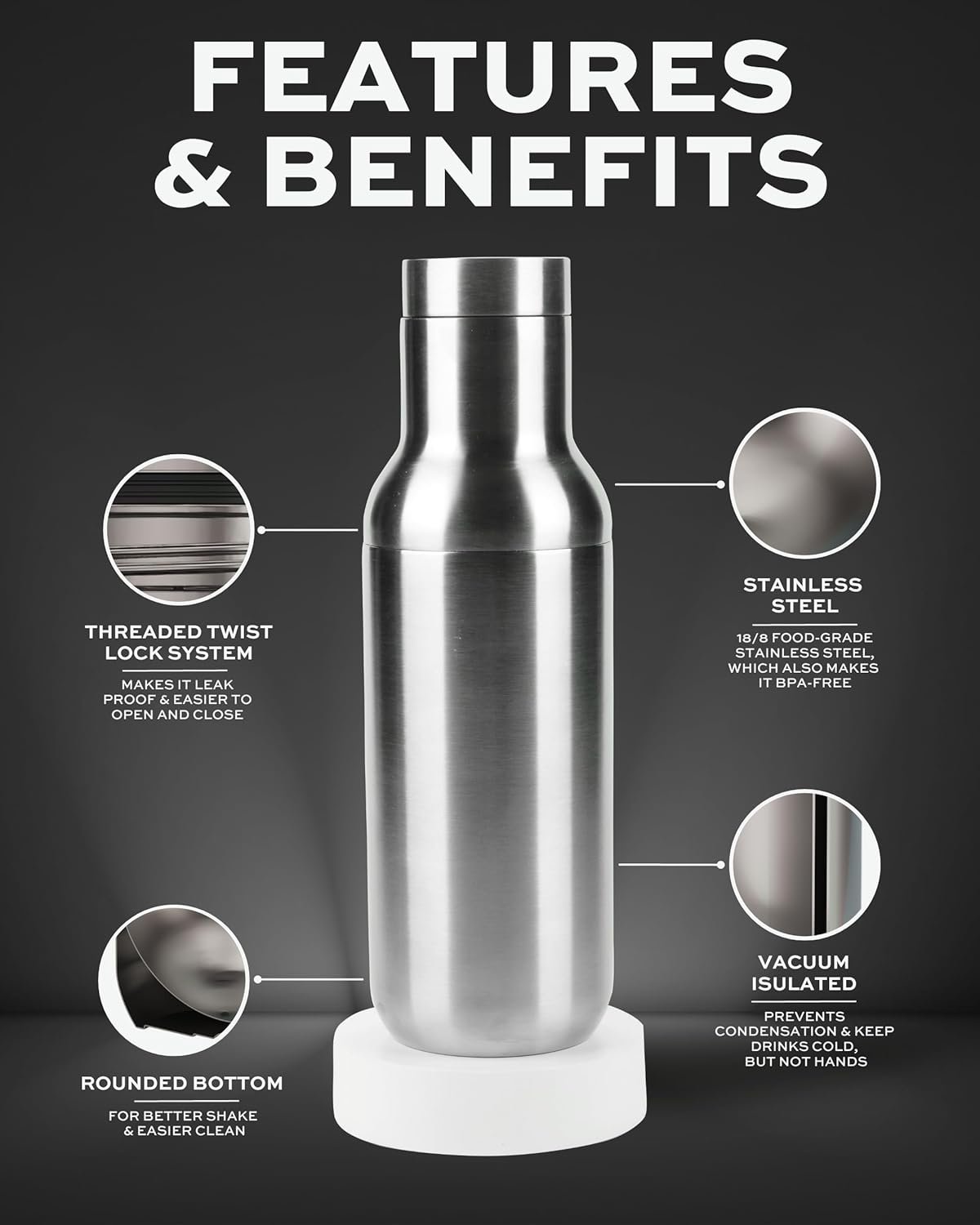 Coctelera híbrida  Acero inoxidable aislado al vacío  Grande 31 oz  A prueba de fugas  Sistema de medición integrado, colador y tapa de jigger
