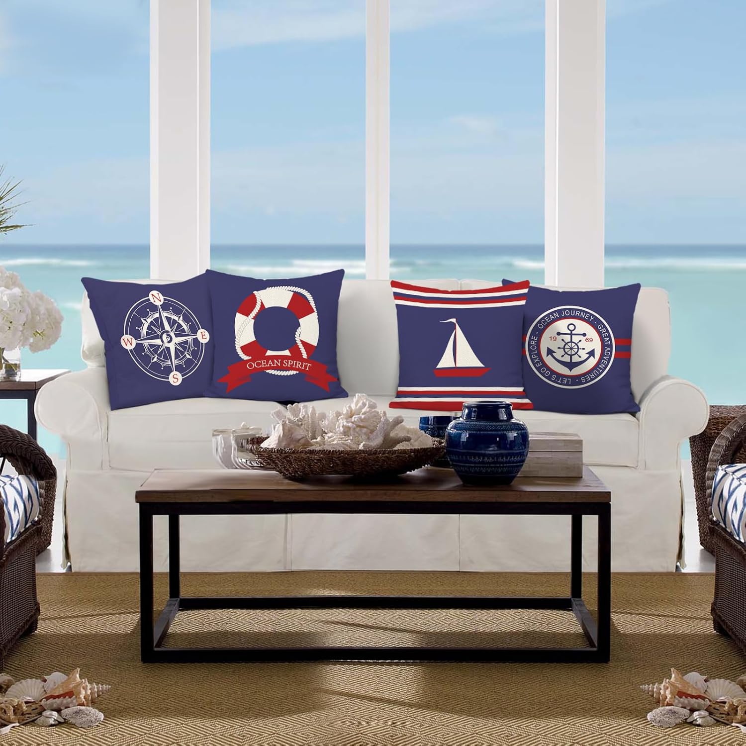 Bonhause Juego de 4 fundas de almohada de vela náutica de 18 x 18 pulgadas, de dos lados, azul marino, brújula, velero, fundas de almohada