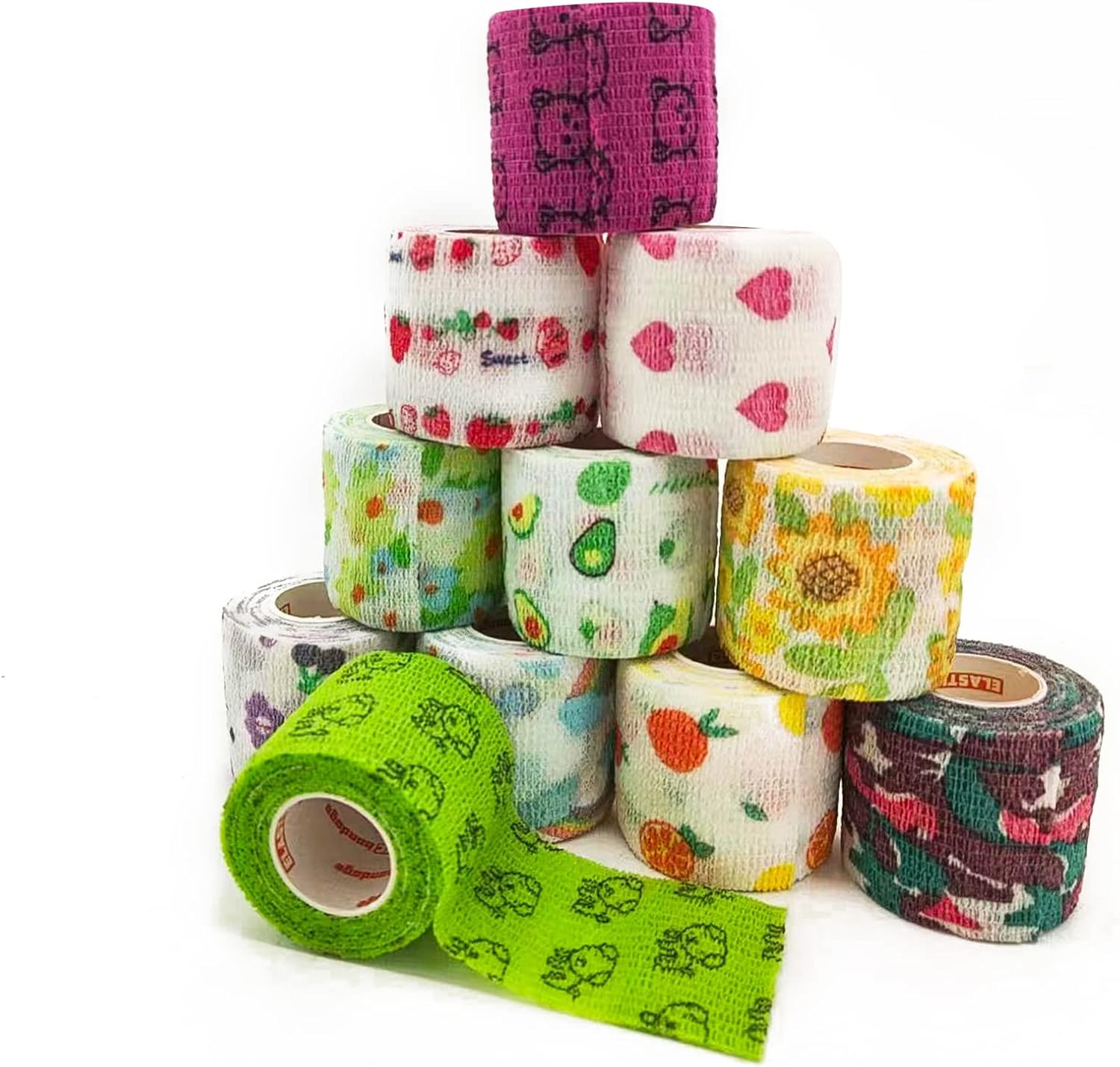 Cinta adhesiva veterinaria, vendaje envolvente de 2 pulgadas, 12 rollos, lindo vendaje autoadhesivo de frutas coloridas, vendajes de patas para