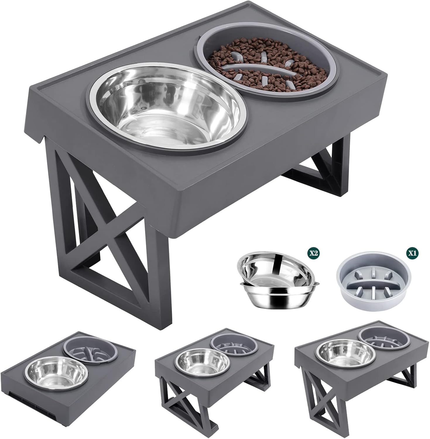 Cuencos elevados para perros, cuencos elevados ajustables para perros con 2 cuencos de acero inoxidable con comedero lento, cuencos de comida para