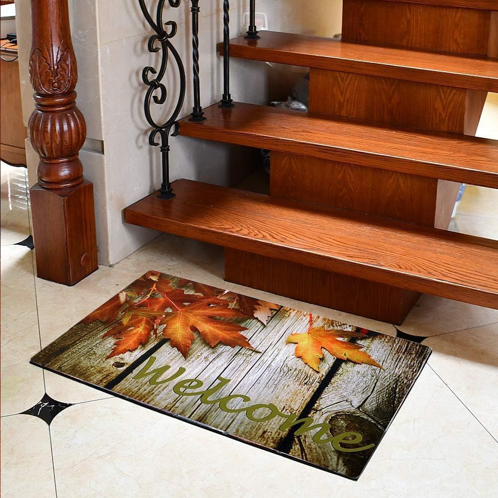 Linfevisi Tapete de bienvenida de otoño para interiores y exteriores, con hojas de arce, tapete de goma con estampado de temporada, absorbente para