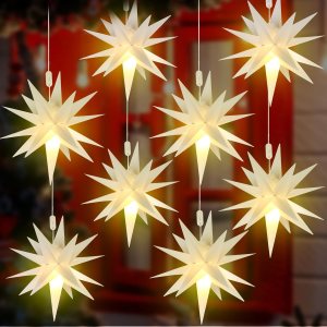 8 luces de estrella moravia 3D LED colgantes de estrella alimentadas por batería con función de temporizador, luz blanca para porche, decoración 8 luces de estrella moravia 3D LED colgantes de estrella alimentadas por batería con función de temporizador, luz blanca para porche, decoración