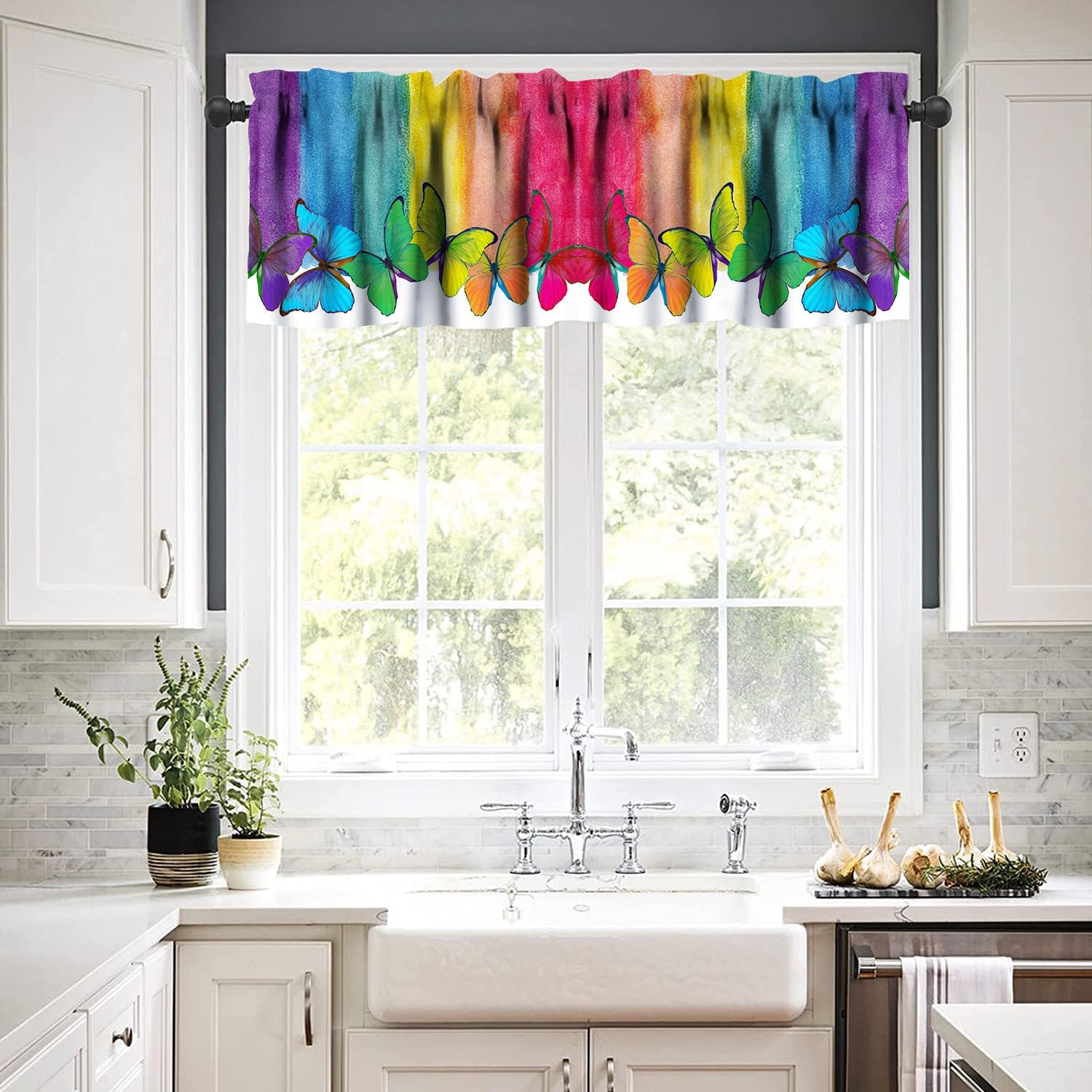 Cenefa de ventana con diseño de mariposa y arco iris, diseño romántico de dibujos animados, acuarela, dormitorio, sala de estar, cocina, tratamiento