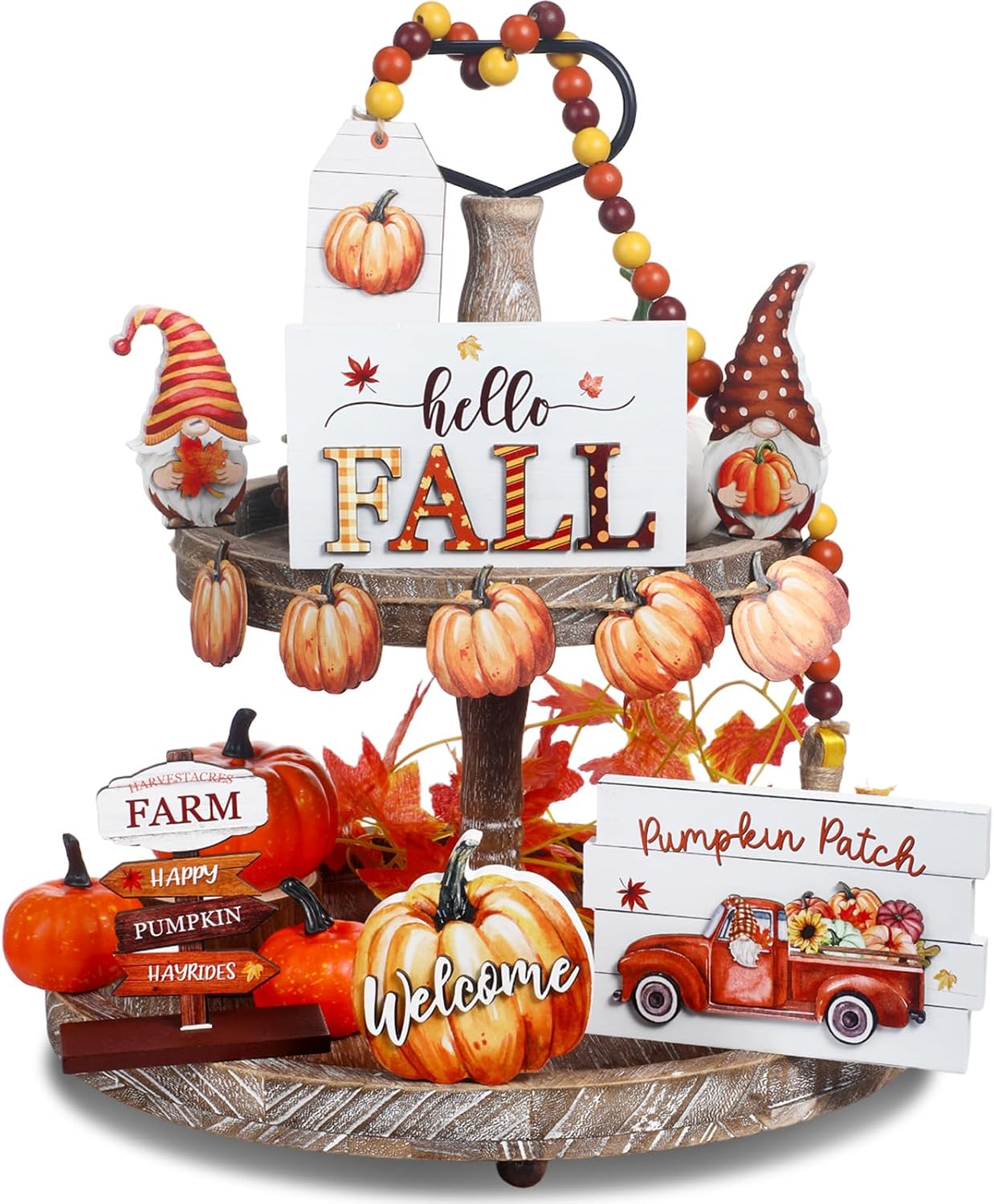 Juego de 12 piezas de decoración de bandejas escalonadas de madera con texto en inglés “Hello Fall Pumpkin Gnomo”, letreros para otoño, vacaciones,