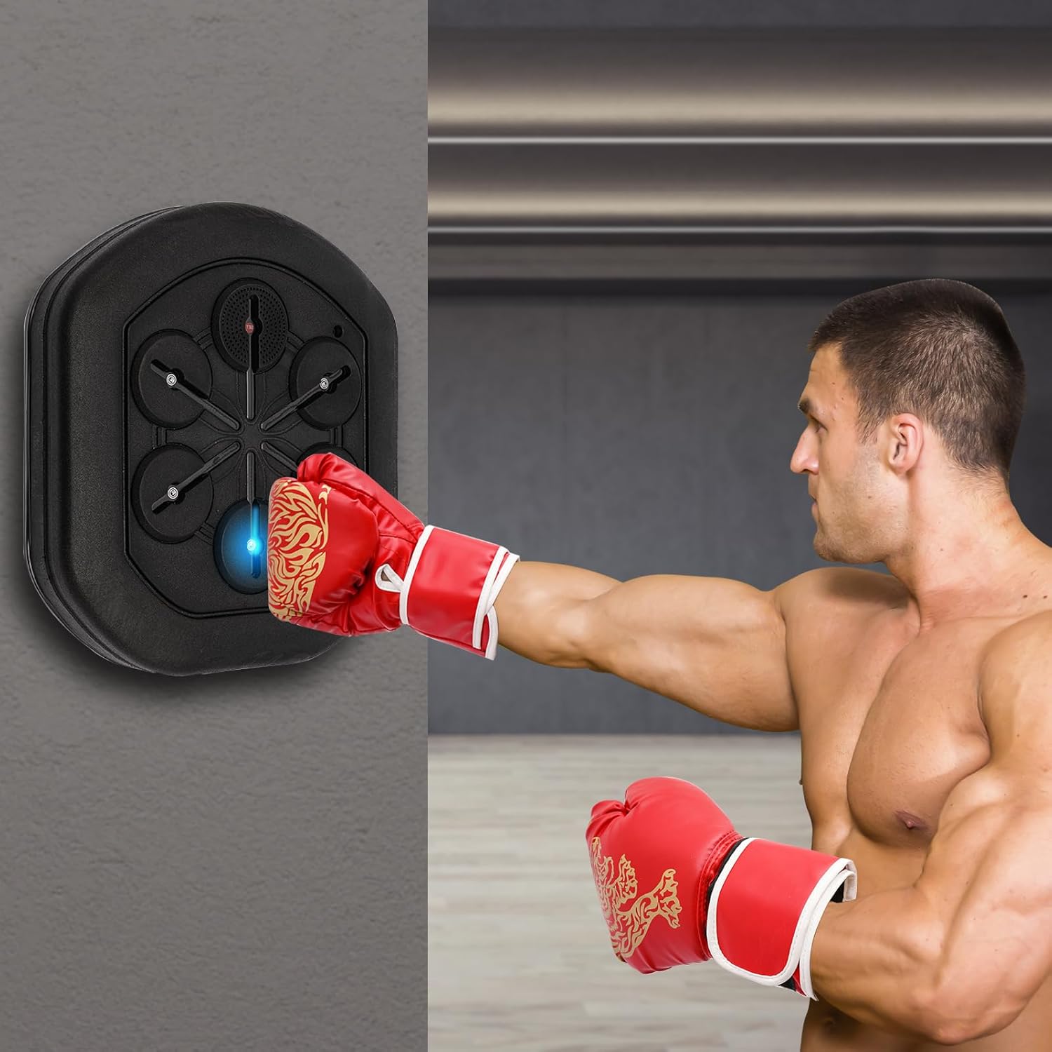 Máquina de boxeo de música, máquina de entrenamiento de boxeo de luz LED montada en la pared, conexión Bluetooth+cable de carga USB+1 par de