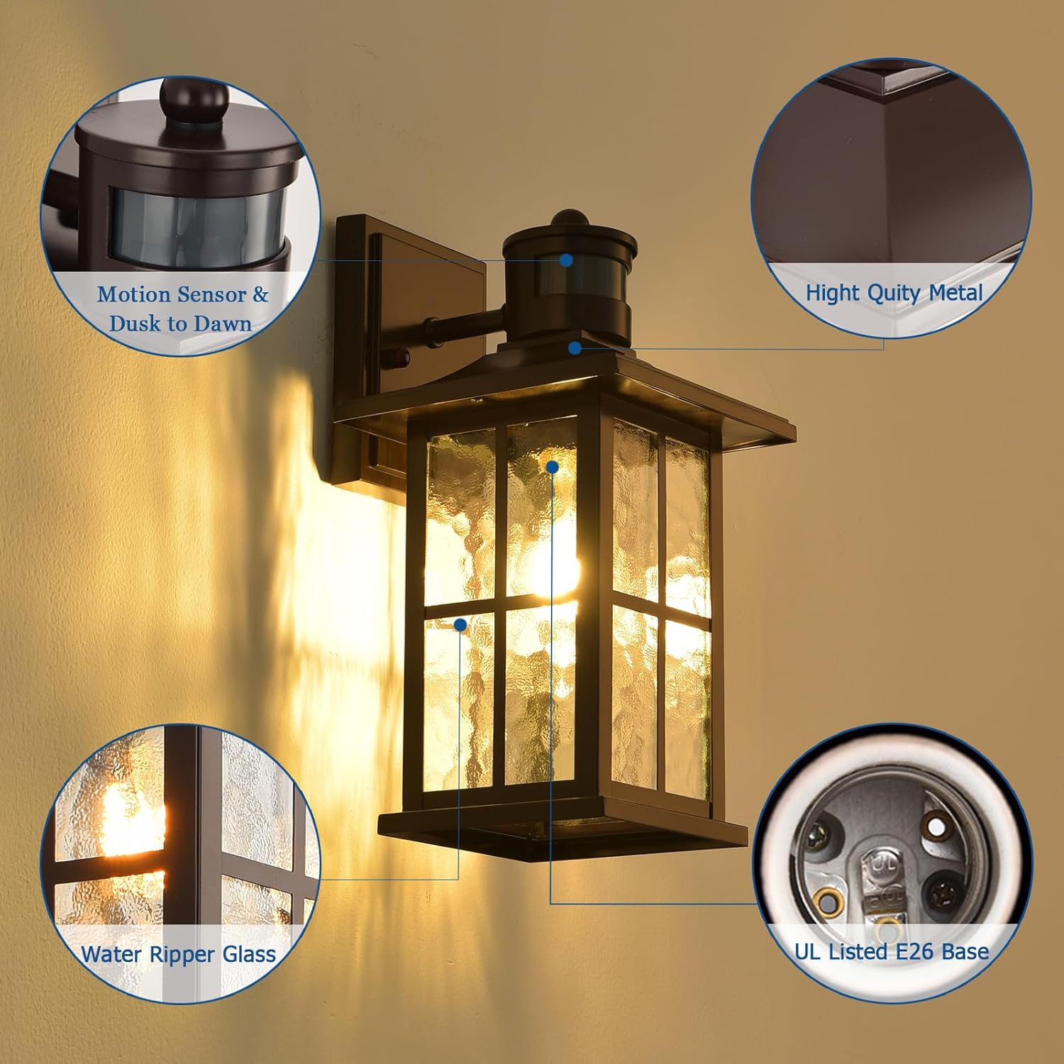 Paquete de 2 luces de pared con sensor de movimiento para exteriores, del anochecer al amanecer, farol de porche exterior, color marrón, accesorios