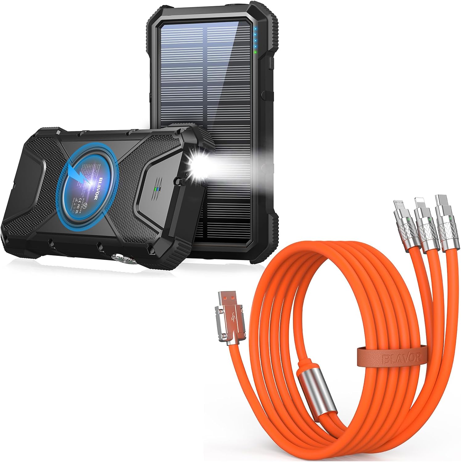 BLAVOR Banco de energía solar de 20000 mAh Cargador inalámbrico de carga rápida de 10 W (negro) más cable de carga múltiple 3 en 1 de 4 pies