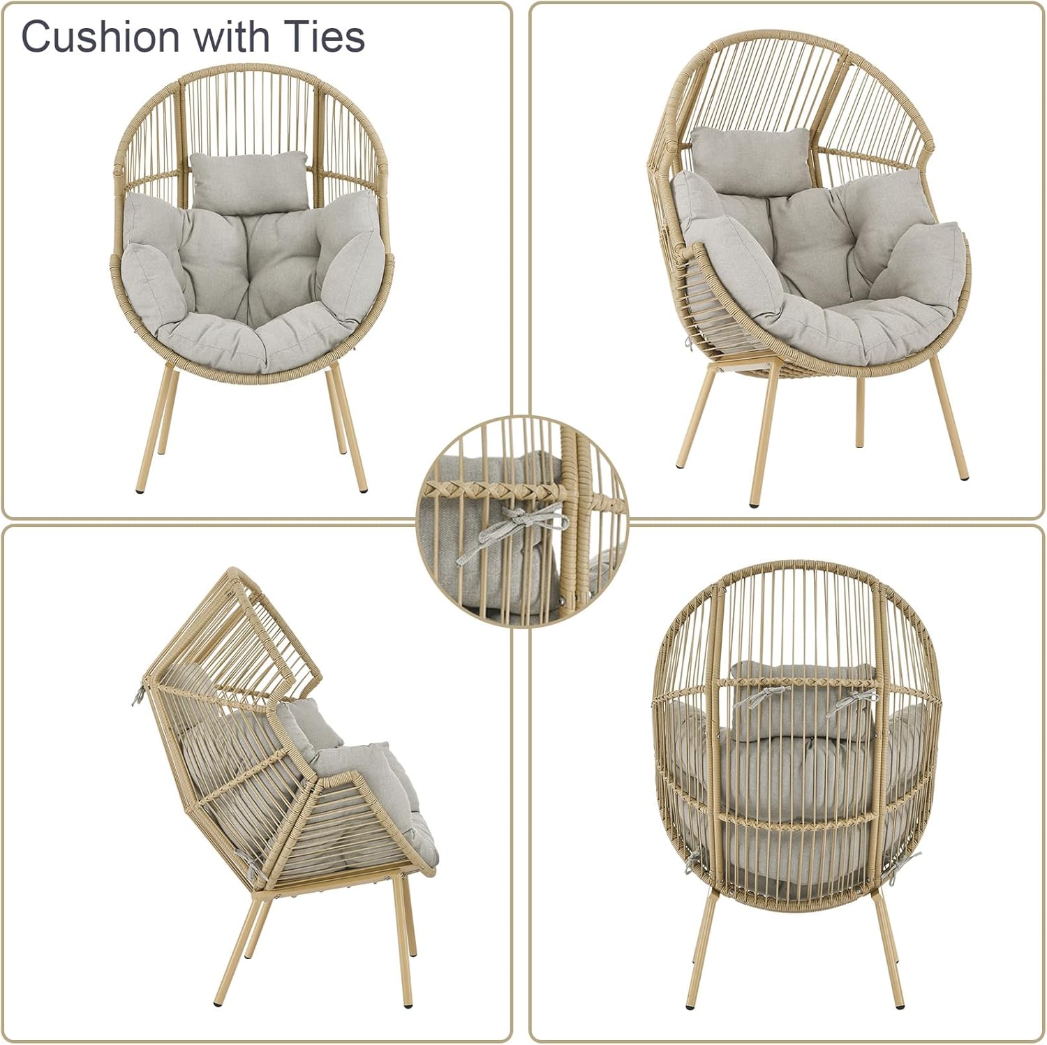 Belord Silla de mimbre con otomana, capacidad de 350 libras de capacidad, para interiores y exteriores, con forma de huevo, con soporte, cojín