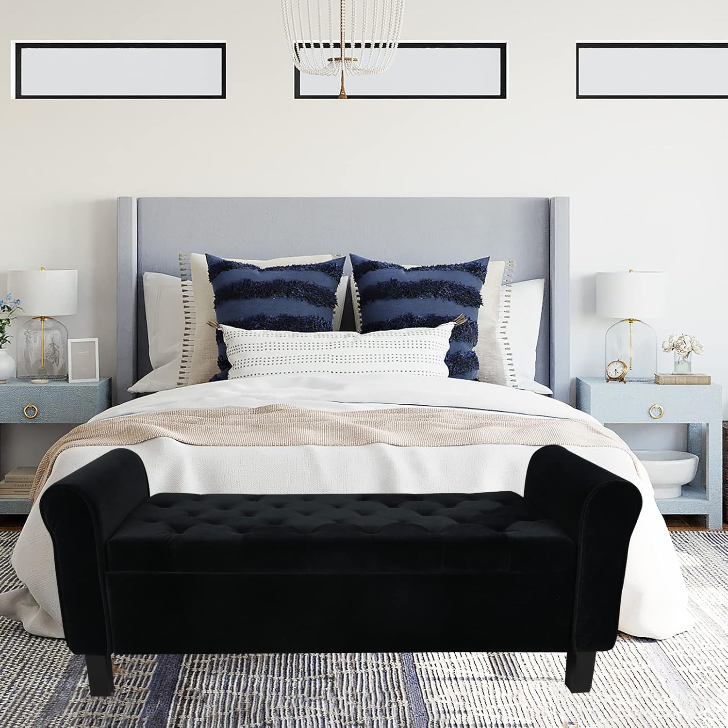 ECOMEX Banco de almacenamiento para el extremo de la cama, banco de terciopelo para dormitorio con almacenamiento, banco de ventana con brazo