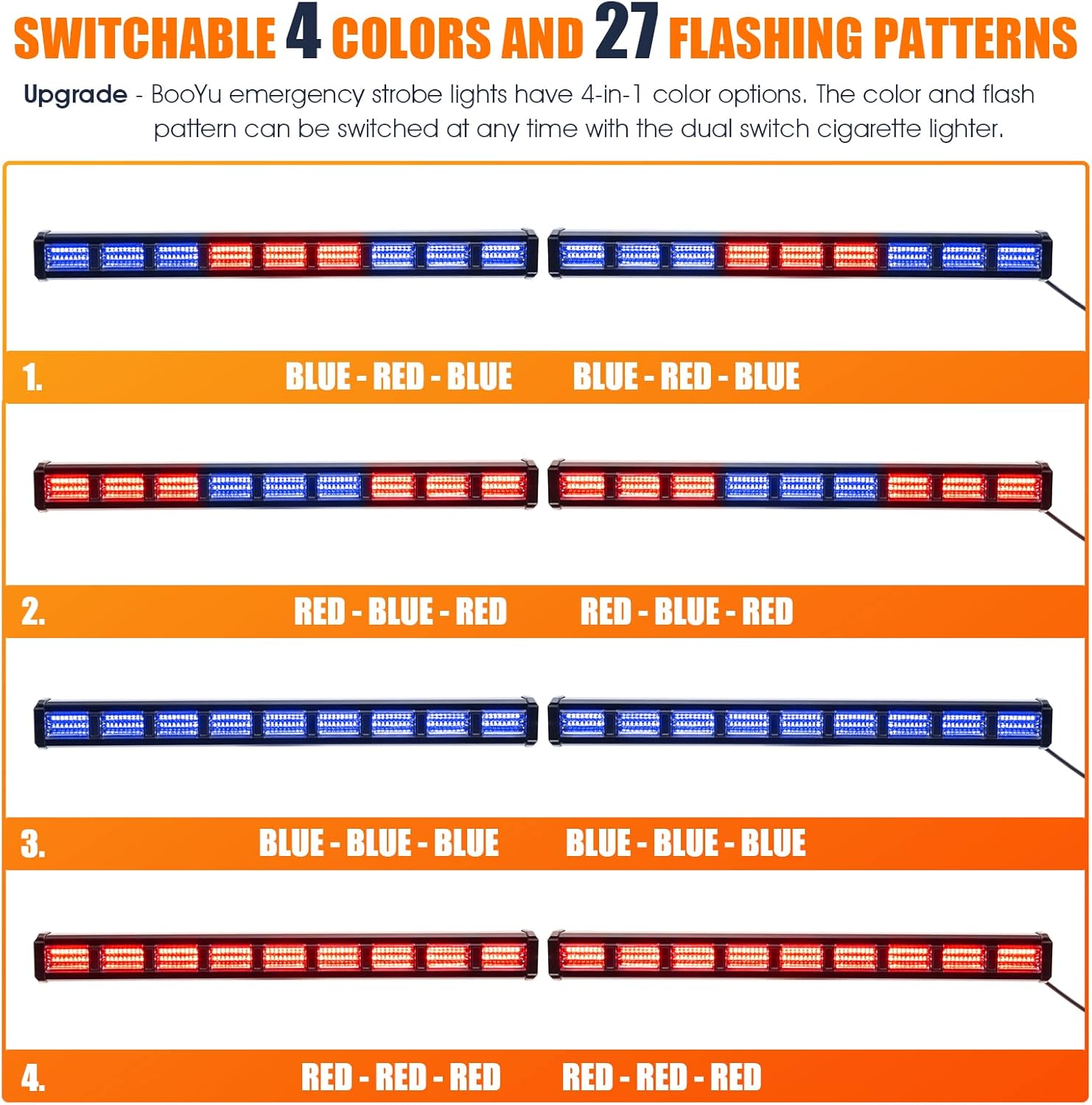 BooYu Actualizado Barra de luz estroboscópica de emergencia conmutable de 4 colores para asesor de tráfico, 162 luces LED para parabrisas 2 en 1,