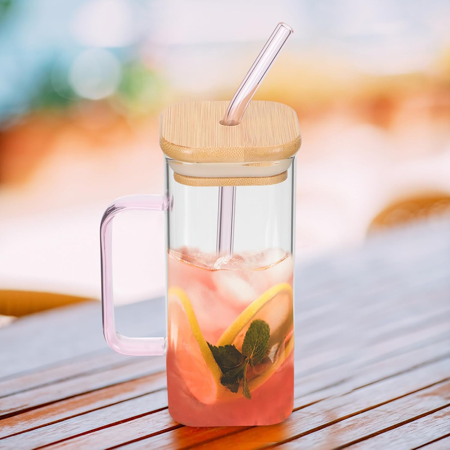 Luxshiny Vasos rectangulares con pajita de vidrio con tapas, vasos cuadrados con asa, tapa de bambú, vasos transparentes para café helado para el