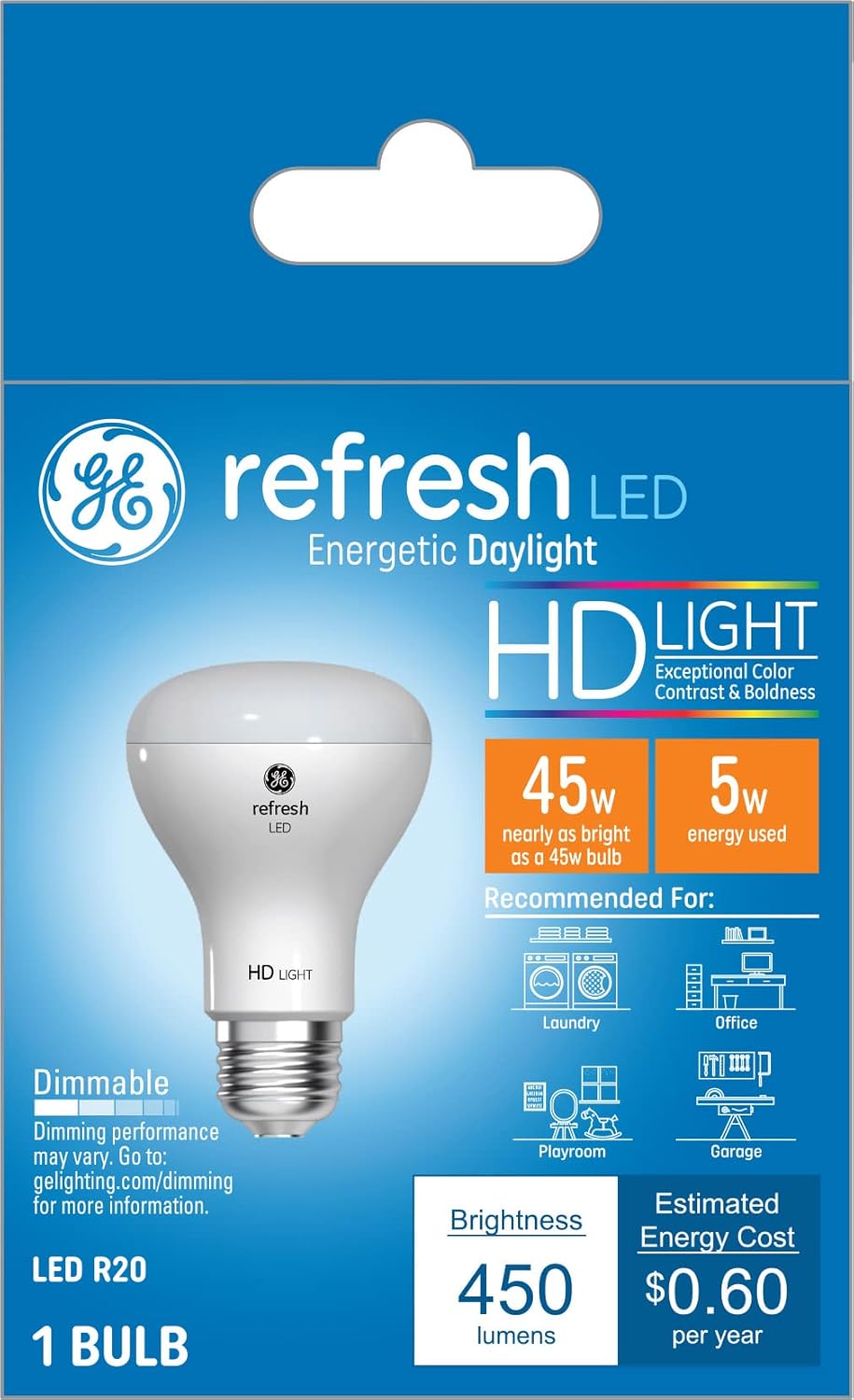 GE Bombilla LED Refresh de 45 W, luz diurna, reflector R20 blanco