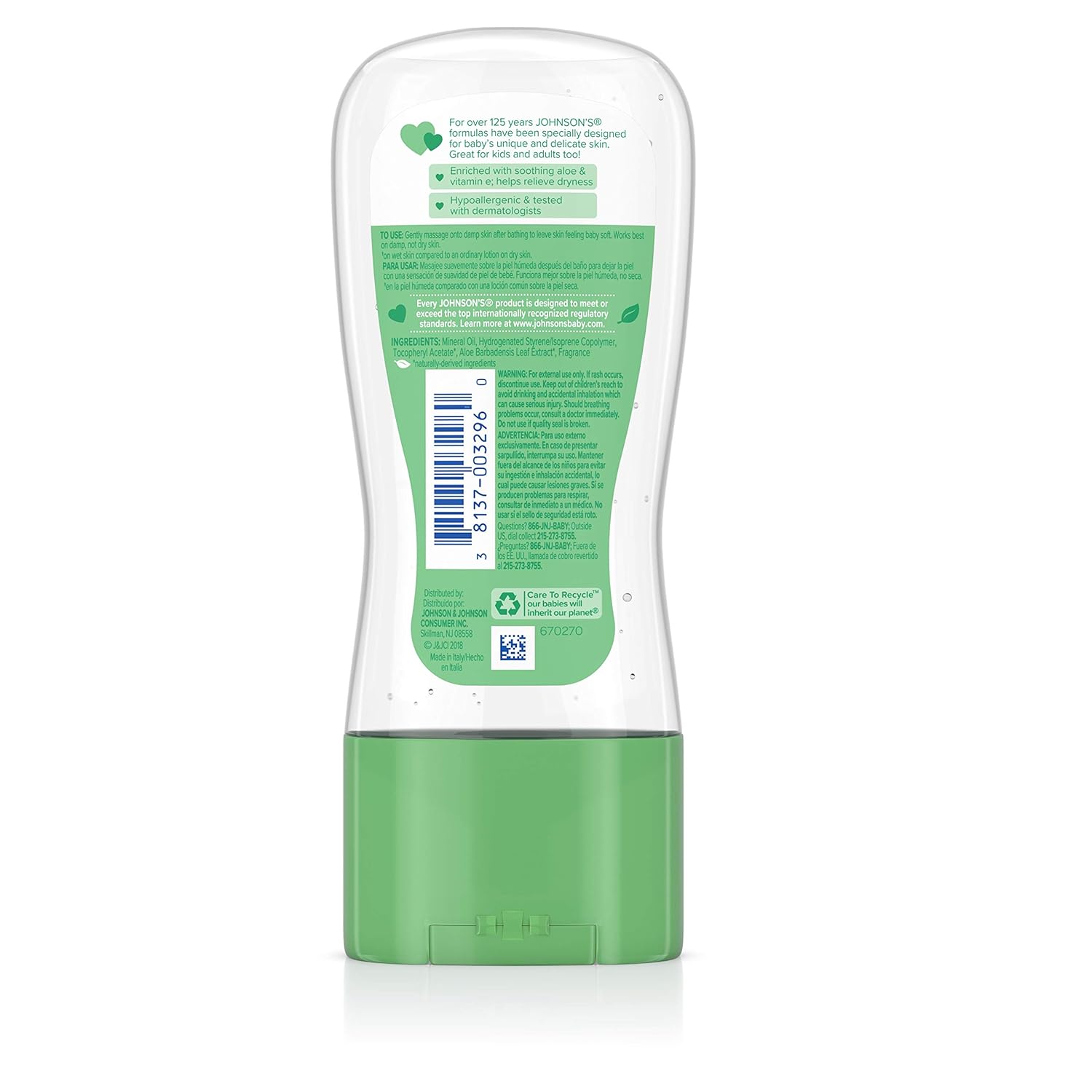 Johnson’s – Gel de aceite para bebés con aloe vera y vitamina E, Hypoaller genic y dermatológicamente probado para el cuidado de la piel del bebé,