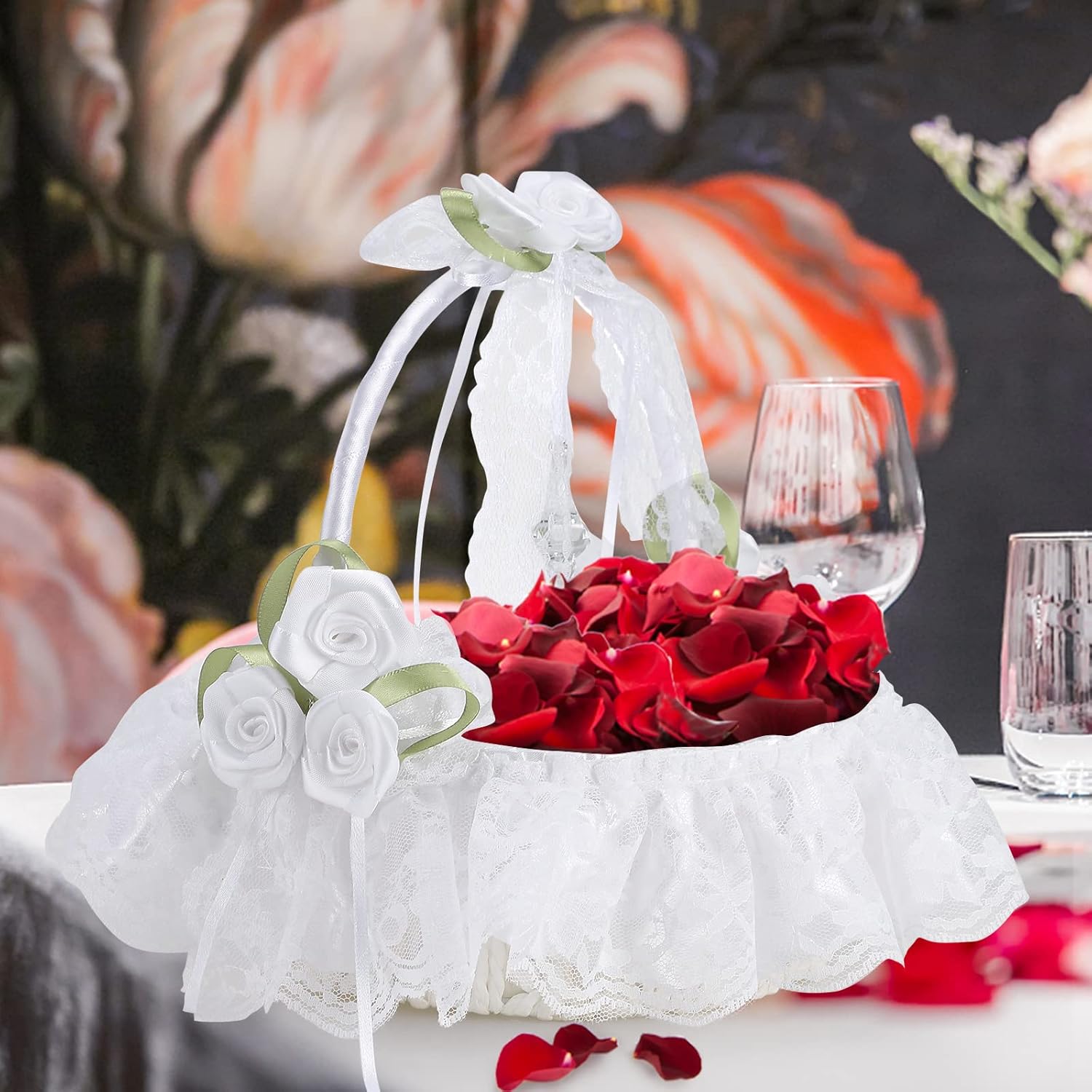 Cestas de flores de marfil para bodas, cesta de niña de flores decorada con encaje, flores de satén y cristal artificial, cestas de boda grandes
