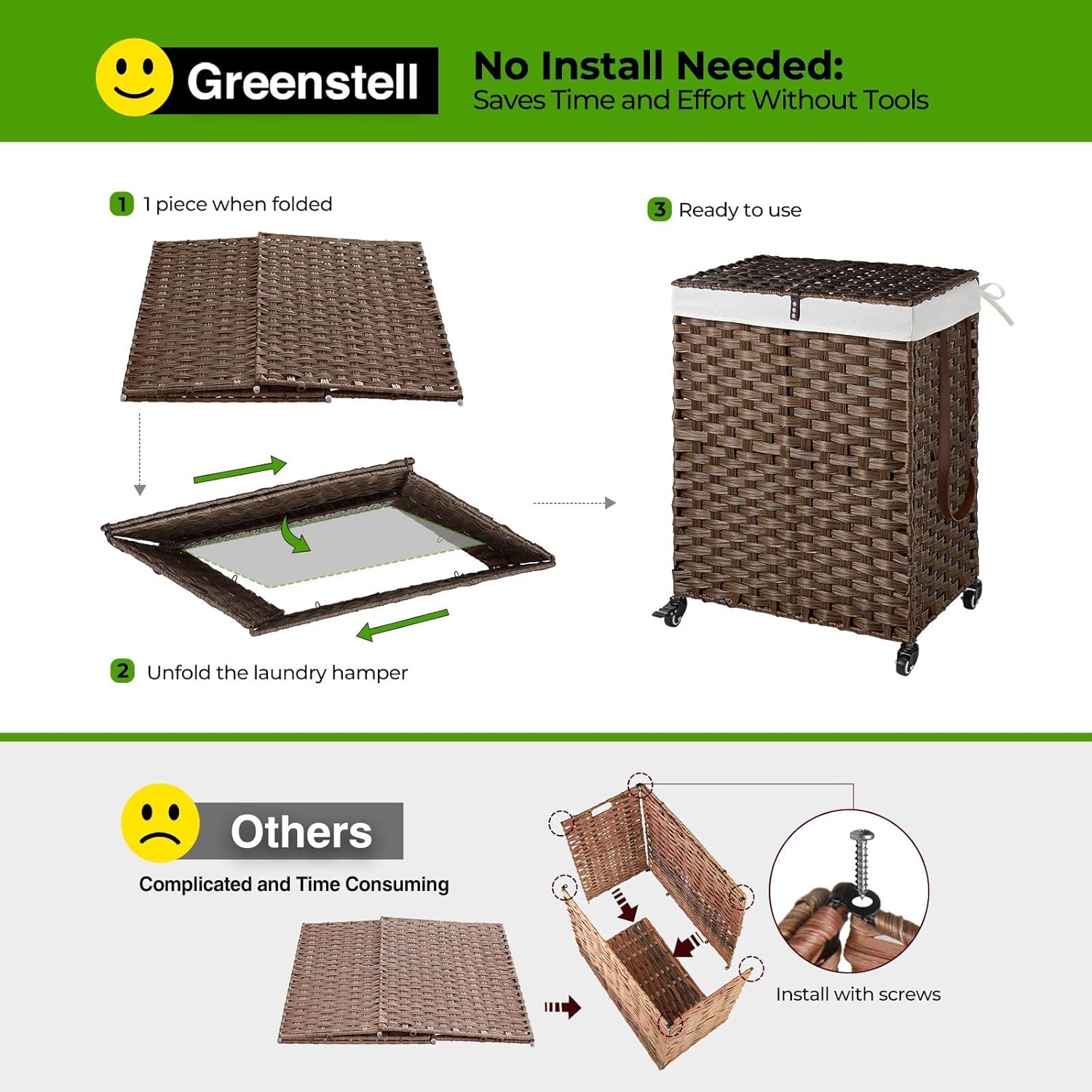 GREENSTELL Cesto para ropa sucia con ruedas, no necesita instalación, cestas tejidas a mano divididas de 90 litros y 2 bolsas de forro extraíbles,