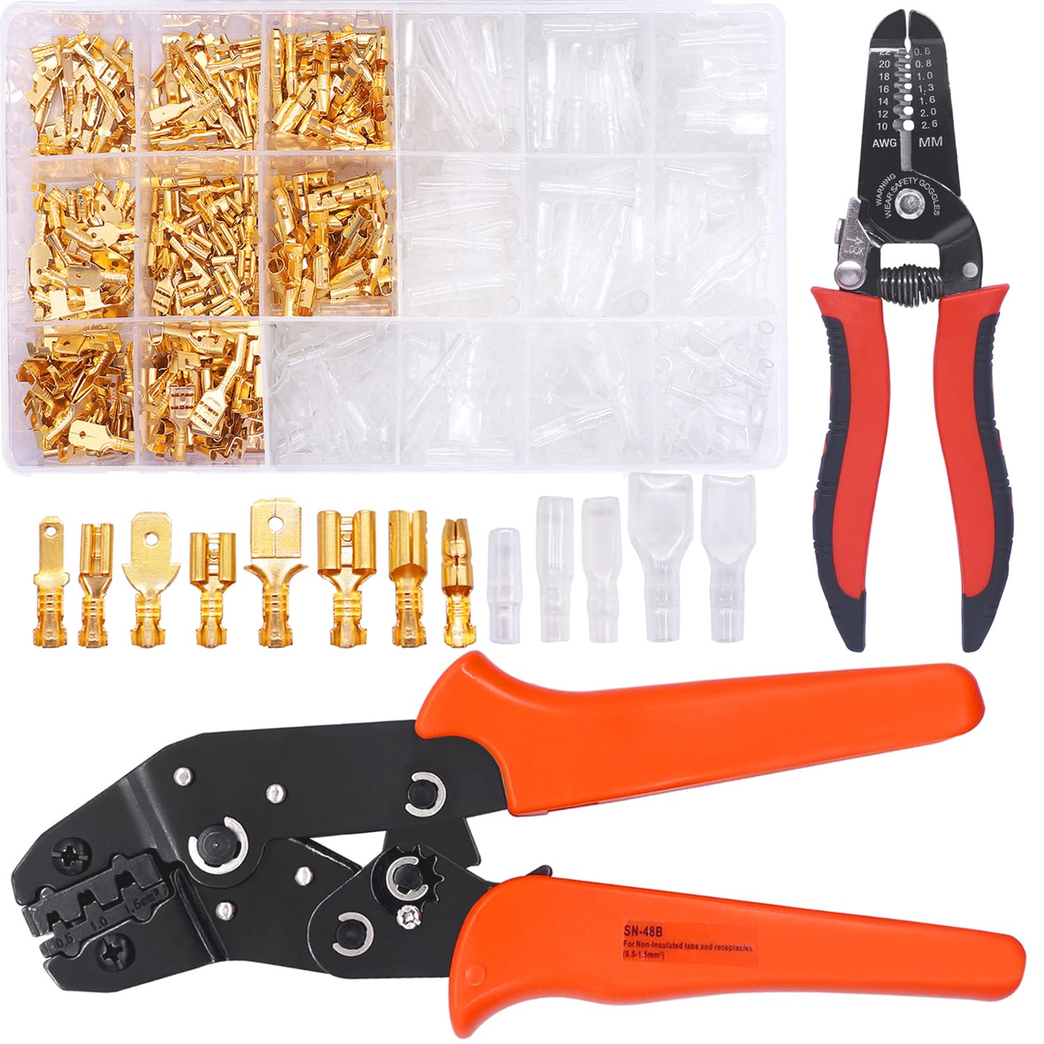 Twidec 640pcs 2.84.80.248 in empalme rápido macho y hembra conector de pala de alambre Kit dorado con terminal de alambre Alicates de prensado