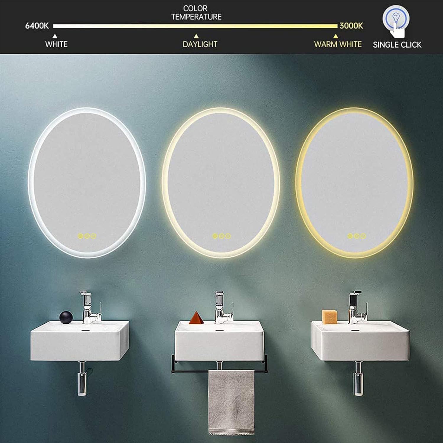 CITYMODA Espejo LED ovalado de baño de 20 x 28 pulgadas, espejo ovalado iluminado de 3 colores, espejo LED regulable para baño, antiniebla, montado