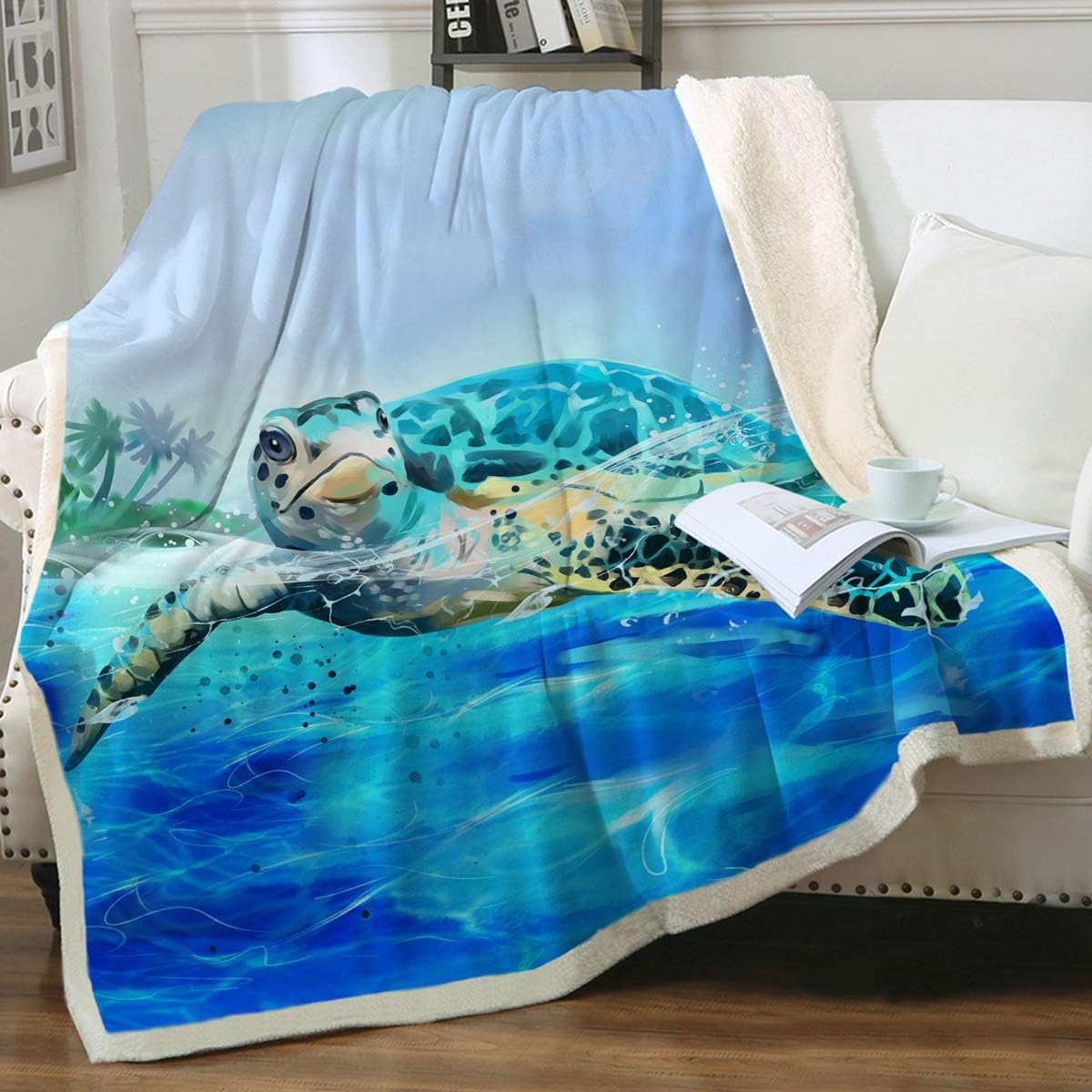 Sleepwish Manta reversible de vellón sherpa de tortuga marina 3D, manta mullida de felpa azul náutica para amantes de los animales de playa, regalo