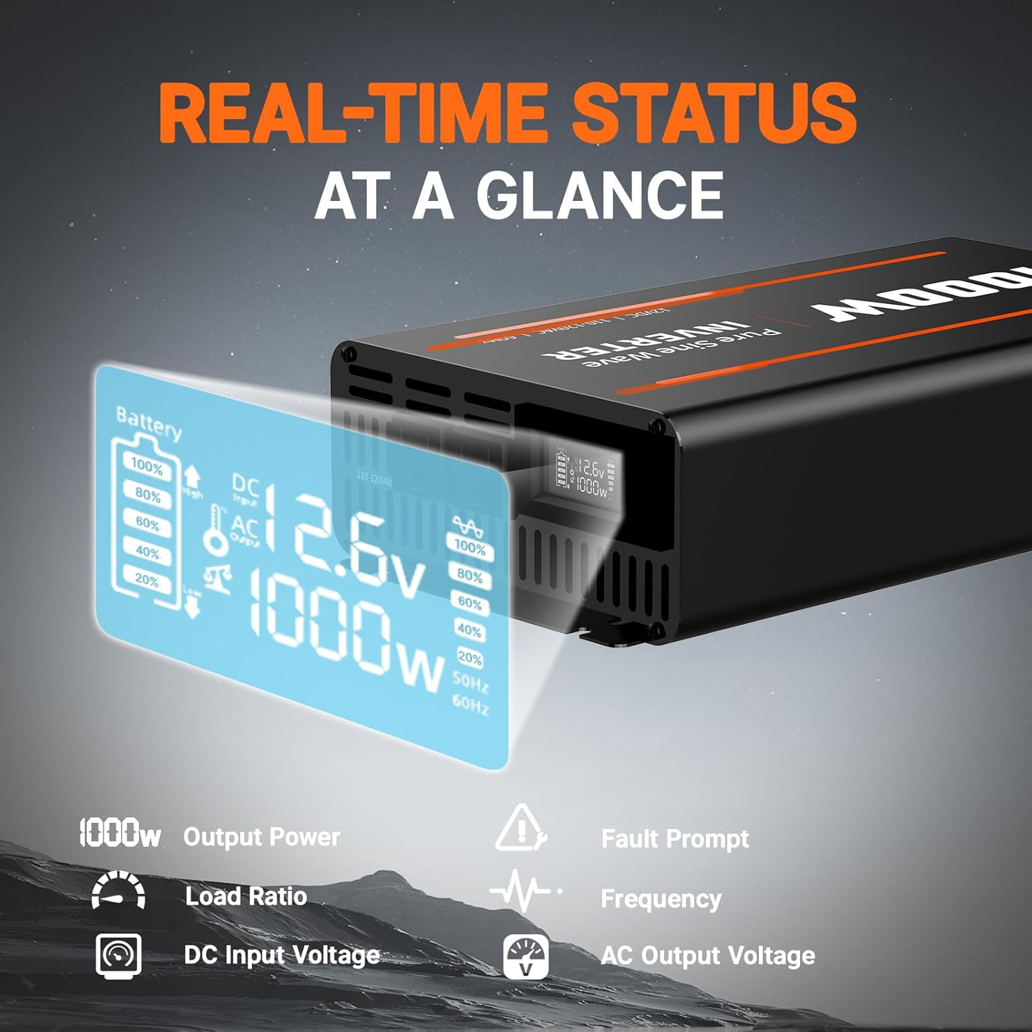 LiTime Inversor de 1000 W, 12 V CC a 120 V CA, convertidor de onda sinusoidal pura para RV, hogar, camión, campamento, inversor de energía solar