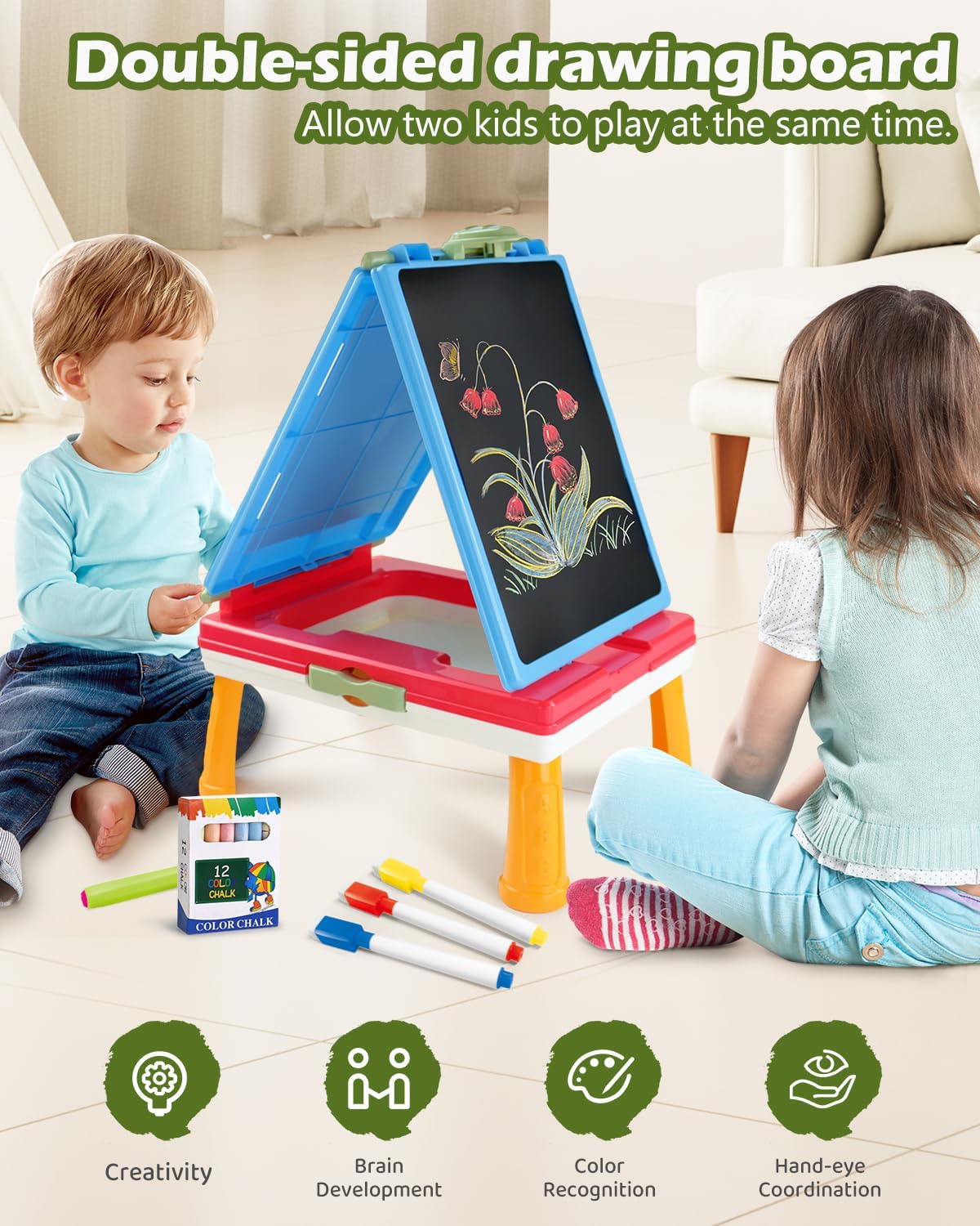 Elovien Caballete para niños, caballete de mesa para niños pequeños, caballete de arte plegable 4 en 1 de doble cara para niños con pizarra y