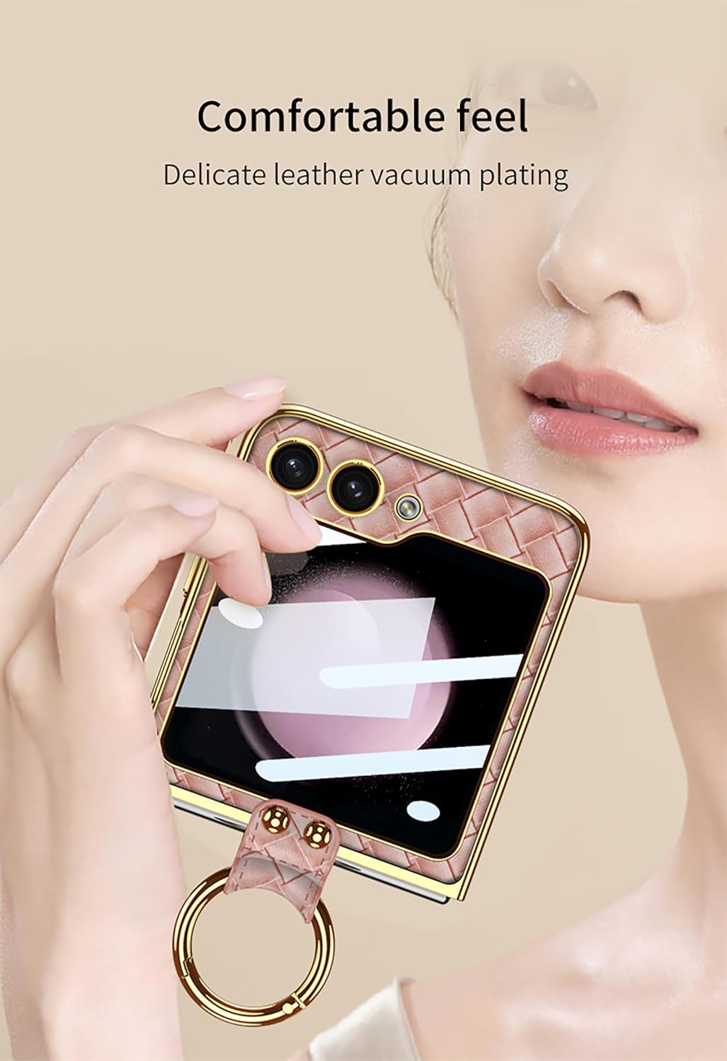 BAILI Funda para Galaxy Z Flip 5, protección completa de 360 de piel trenzada Z Flip5 con anillo, viene con protector de pantalla pequeño, diseño de