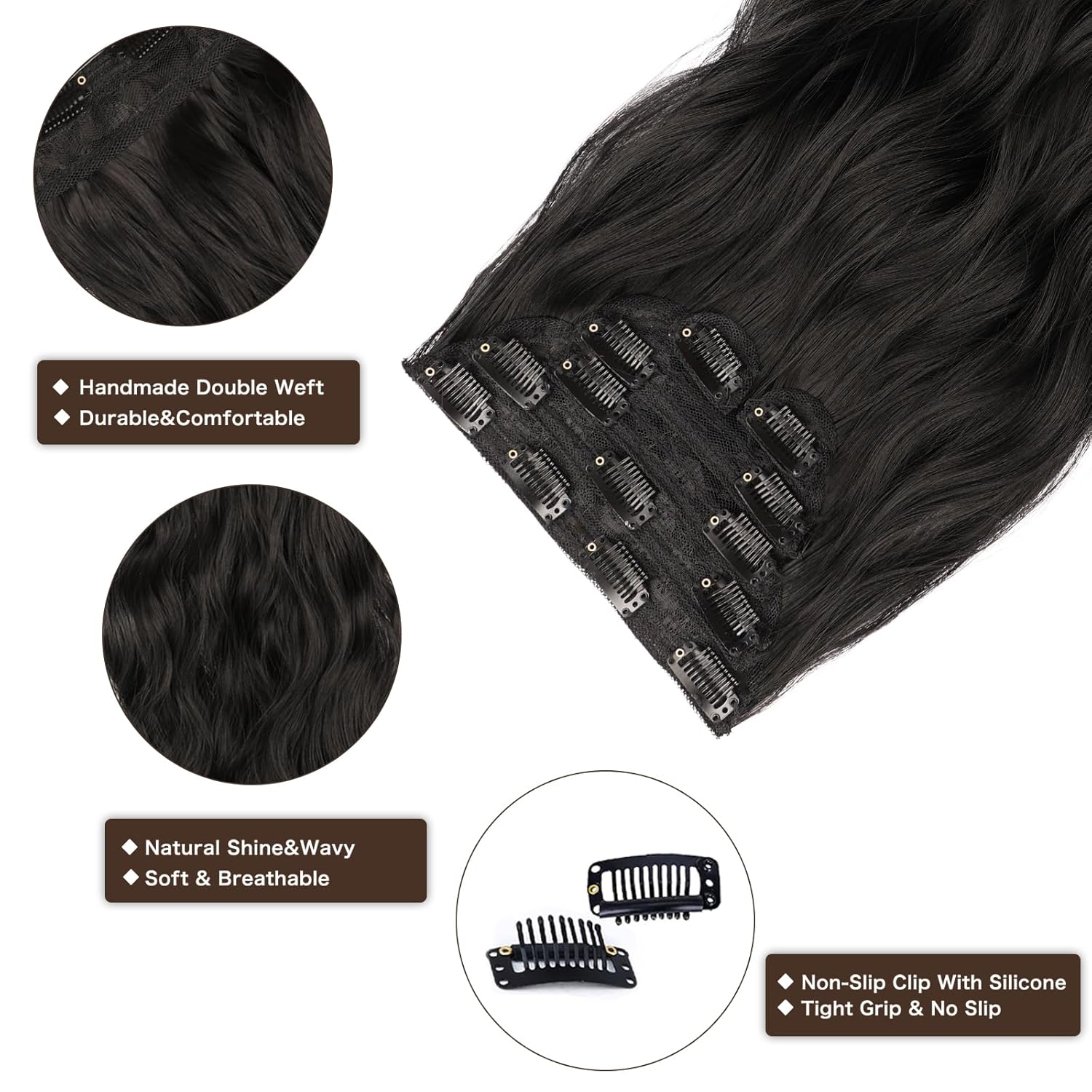 Extensiones de cabello negro natural con clip, de 20 pulgadas, 6 unidades, gruesas, rizadas, extensiones de cabello sintético de doble trama,