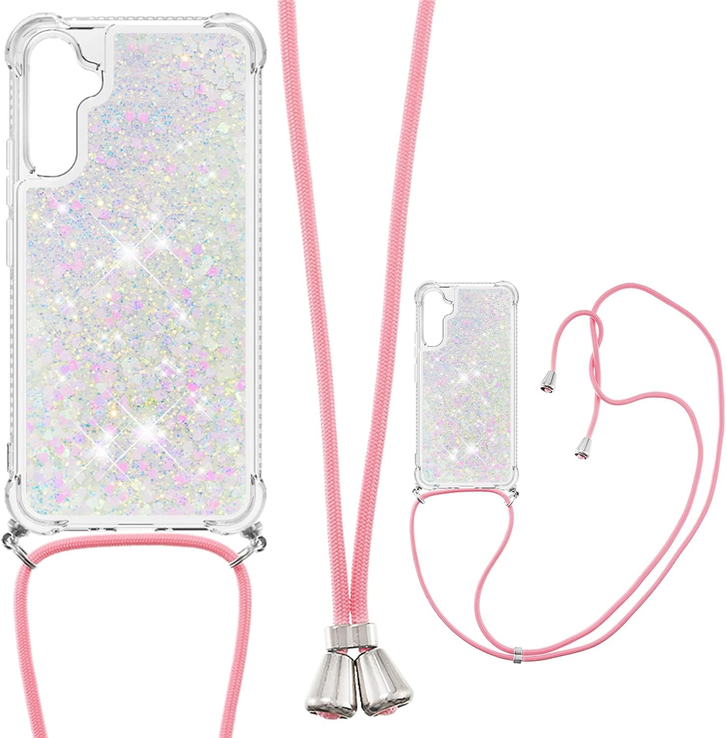 Funda para teléfono compatible con Samsung Galaxy A34 5G, silicona TPU suave transparente con purpurina de arena movediza líquida con cordón