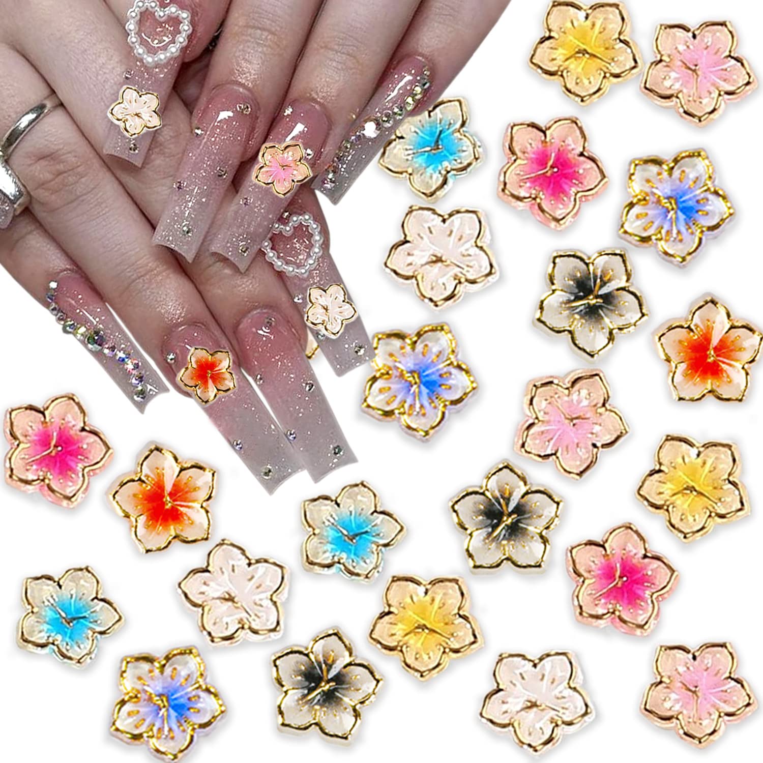 40 dijes de flores para uñas, calcomanías de flores 3D, dijes de uñas con borde dorado, resina de flores para uñas, mezcla de pétalos de flores