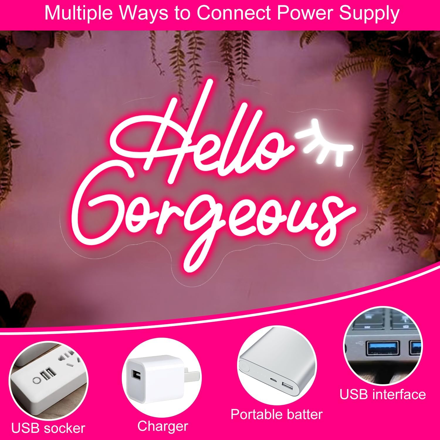 Brochao Letrero de neón LED con texto en inglés “Hello Gorgeous Neon”, para pared, color rosa, para fiesta de cumpleaños, boda, compromiso,