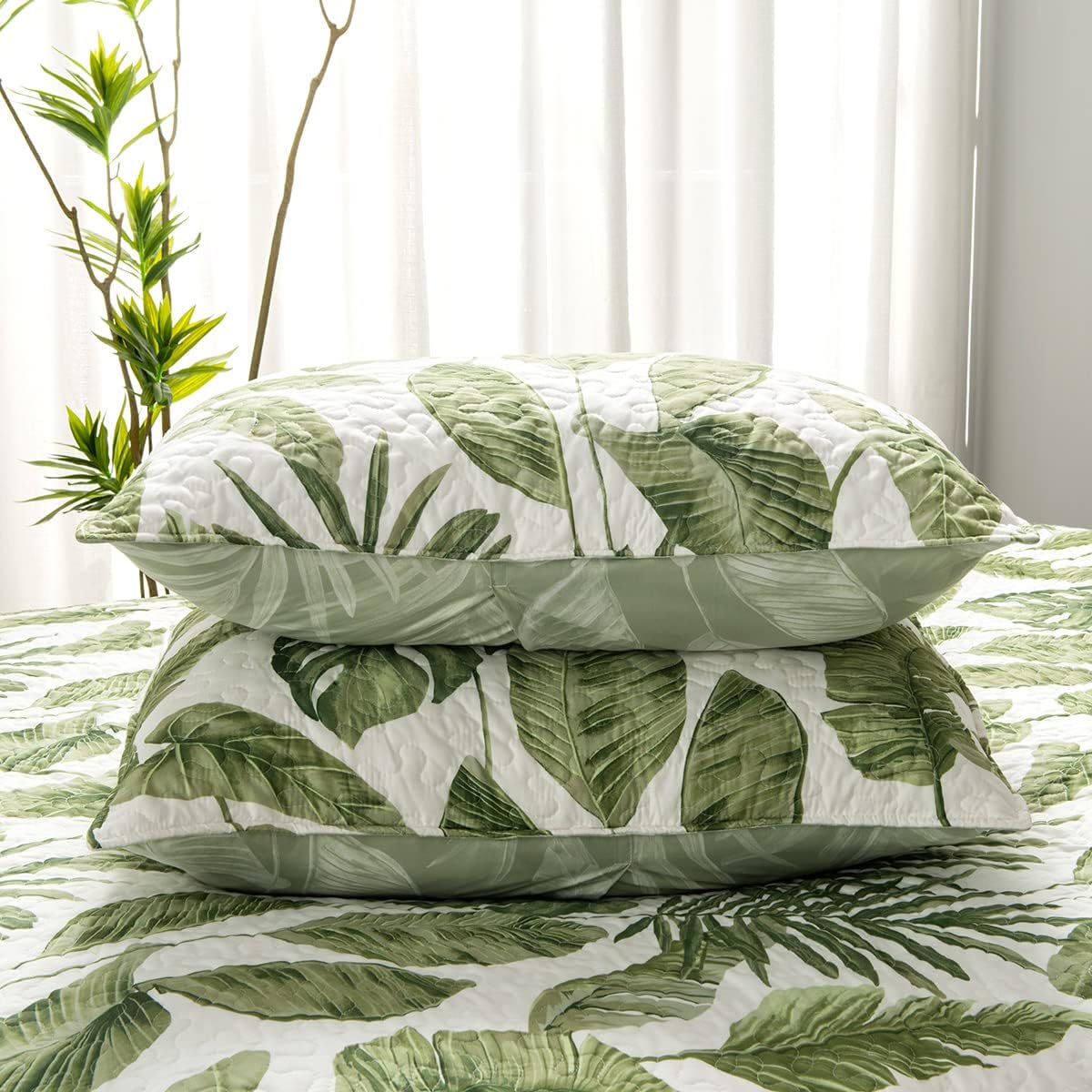 HORIMOTE HOME Juego de edredón de plantas tropicales de 2 piezas, tamaño individual, hojas de palma verde, estilo selva, juego de ropa de cama