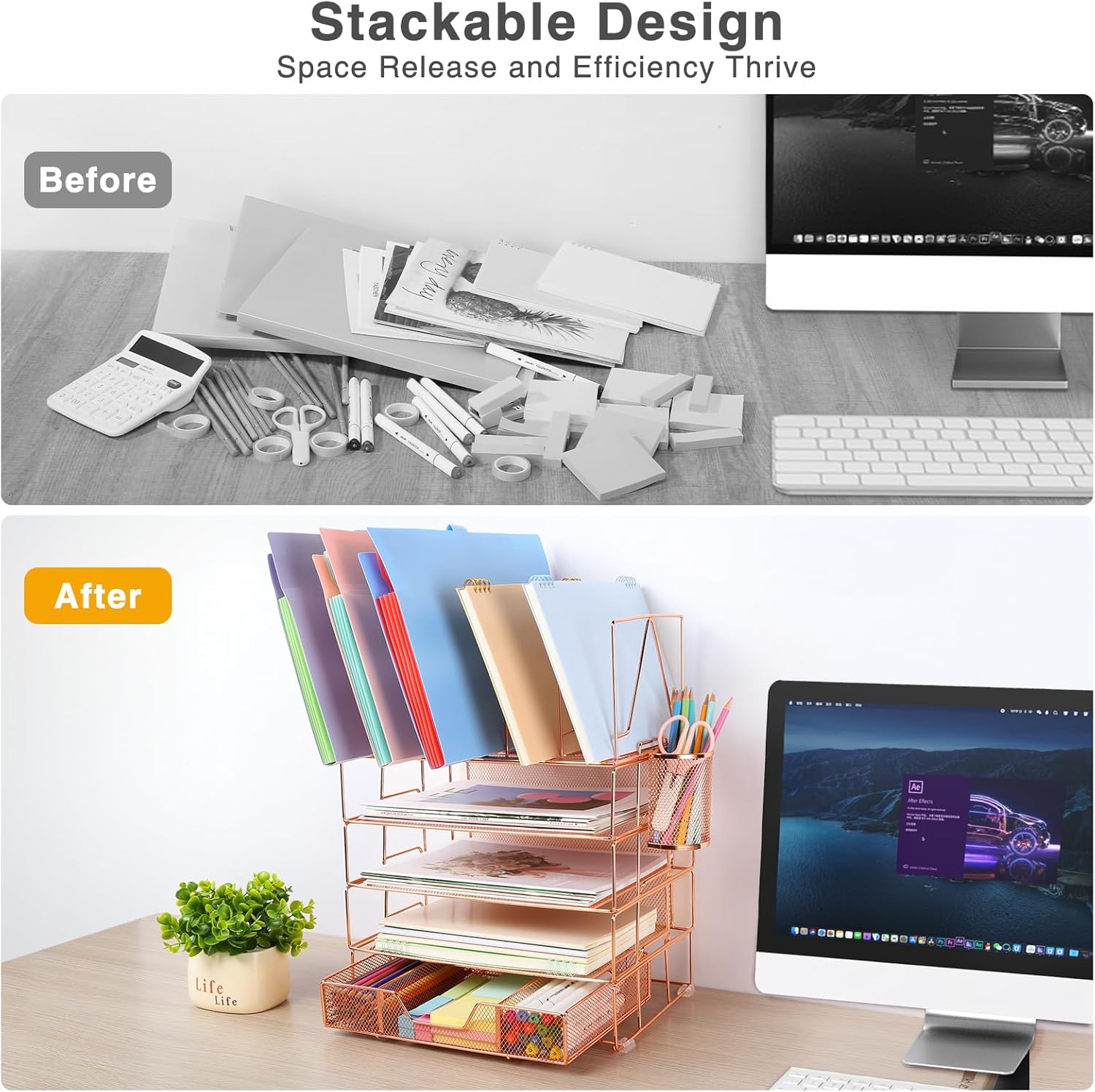 Housmile Organizador de escritorio, organizadores de escritorio de 5 niveles y accesorios con clasificadores de archivos, bandeja de papel, cajón y