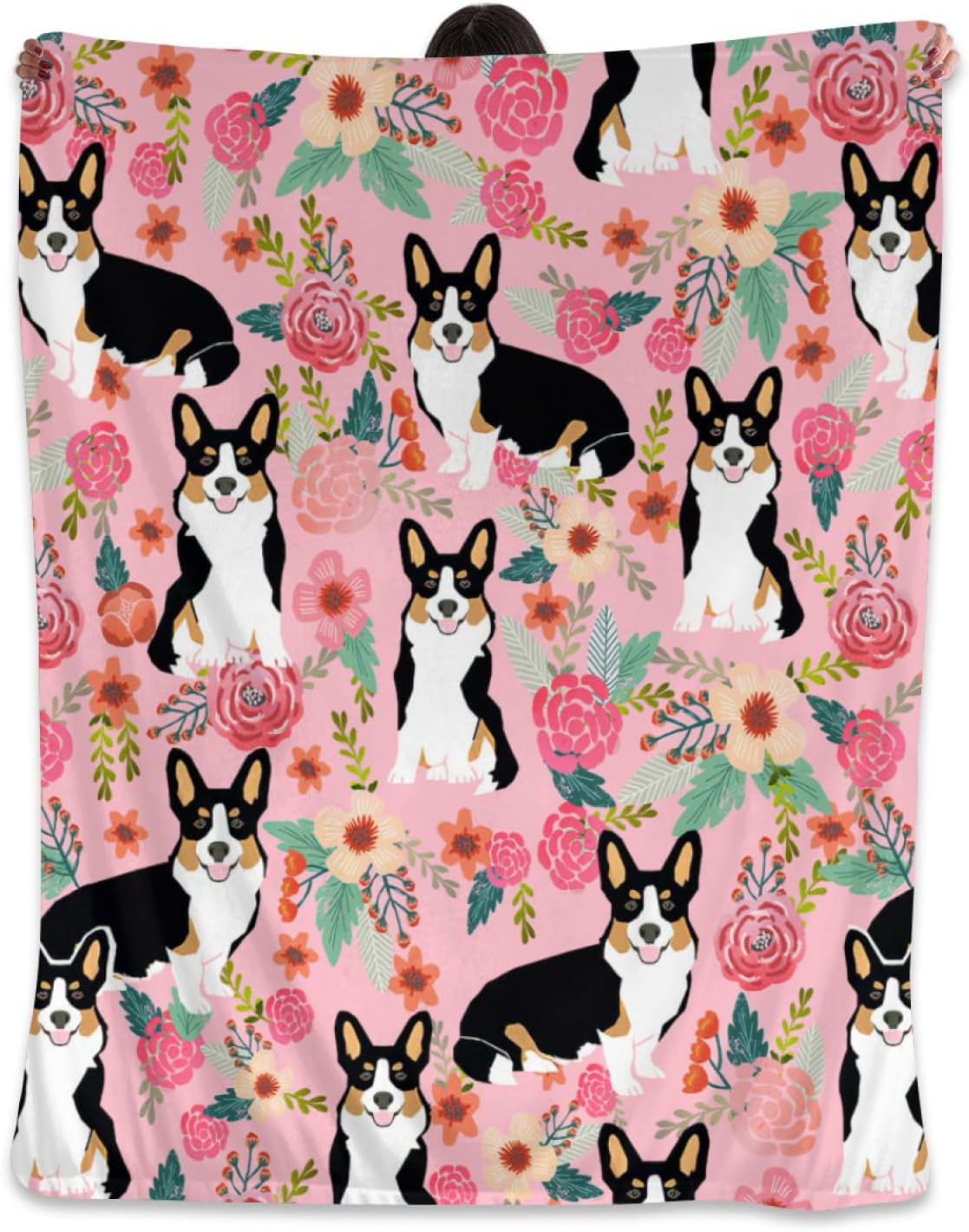 Manta de Corgi regalos para las amantes de Corgi para mujeres, lindas flores corgis, manta de franela de forro polar, suave y cálida manta rosa para