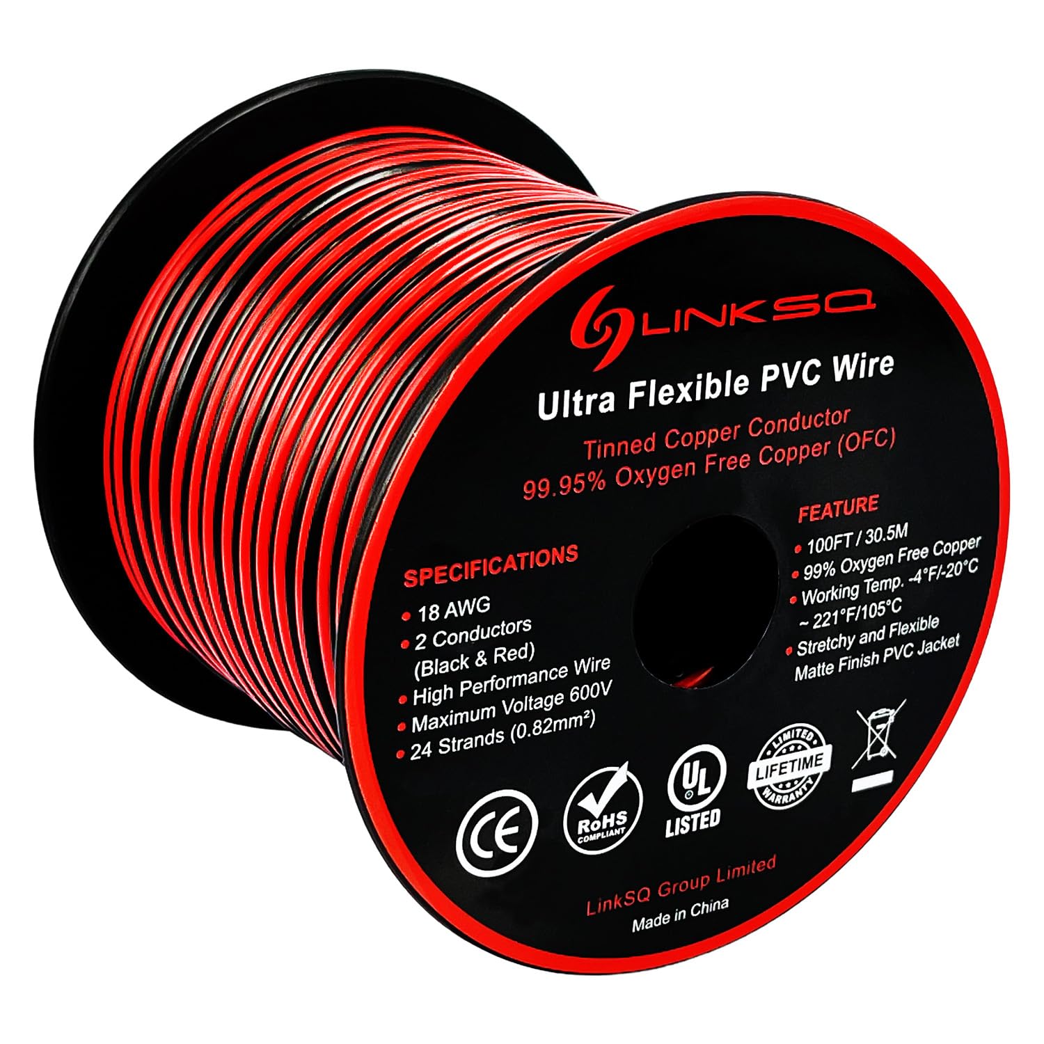LINKSQ Cable eléctrico de 2 conductores calibre 18 2468 VW-1 FT1 (100 pies) con certificación UL, cable de cobre estañado trenzado sin oxígeno de 2